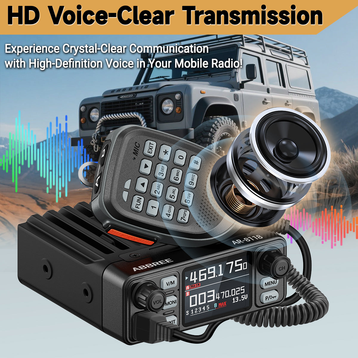 ABBREE AR-8118 25W Dual Band Mini Mobile Radio HD Voice 200CH Long Range VHF UHF Anti-Interference Dual PTT HD Vioce Car Radio