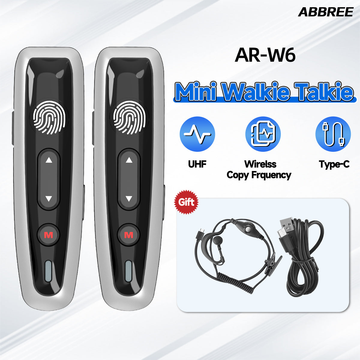 ABBREE AR-W6 Mini Walkie Talkie Collar Clip or Ear Hanging UHF Dual PTT Touch Talk Wireless Copy Frequency For Restaurant Hotel