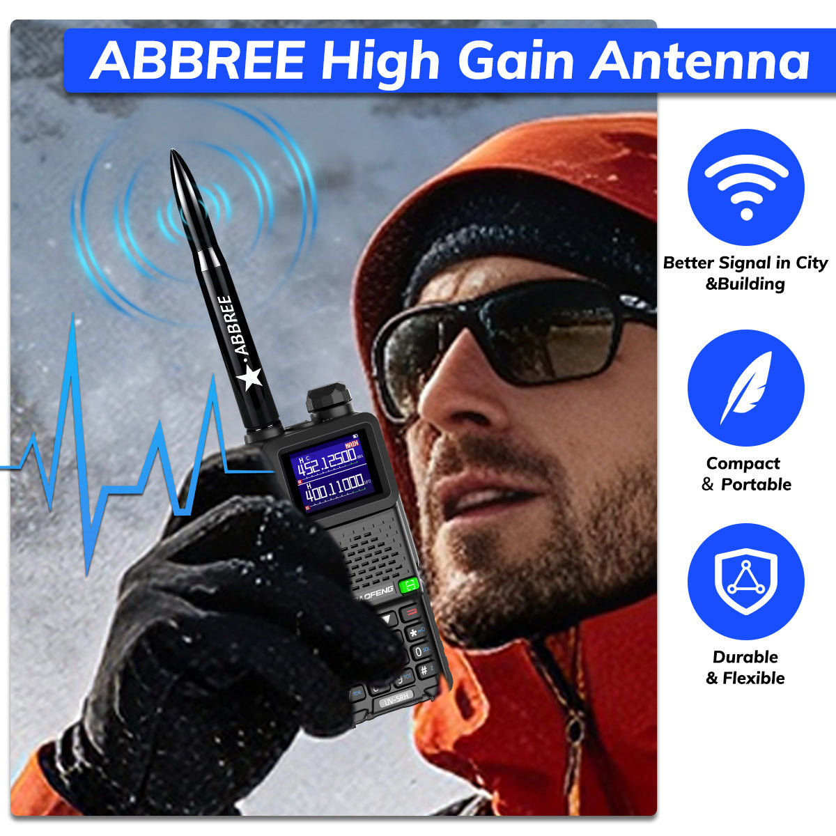 ABBREE AR‑47 Bullet Mini Antenna SMA‑Female VHF UHF 10W High‑Gain For Baofeng Quansheng Handheld Radio