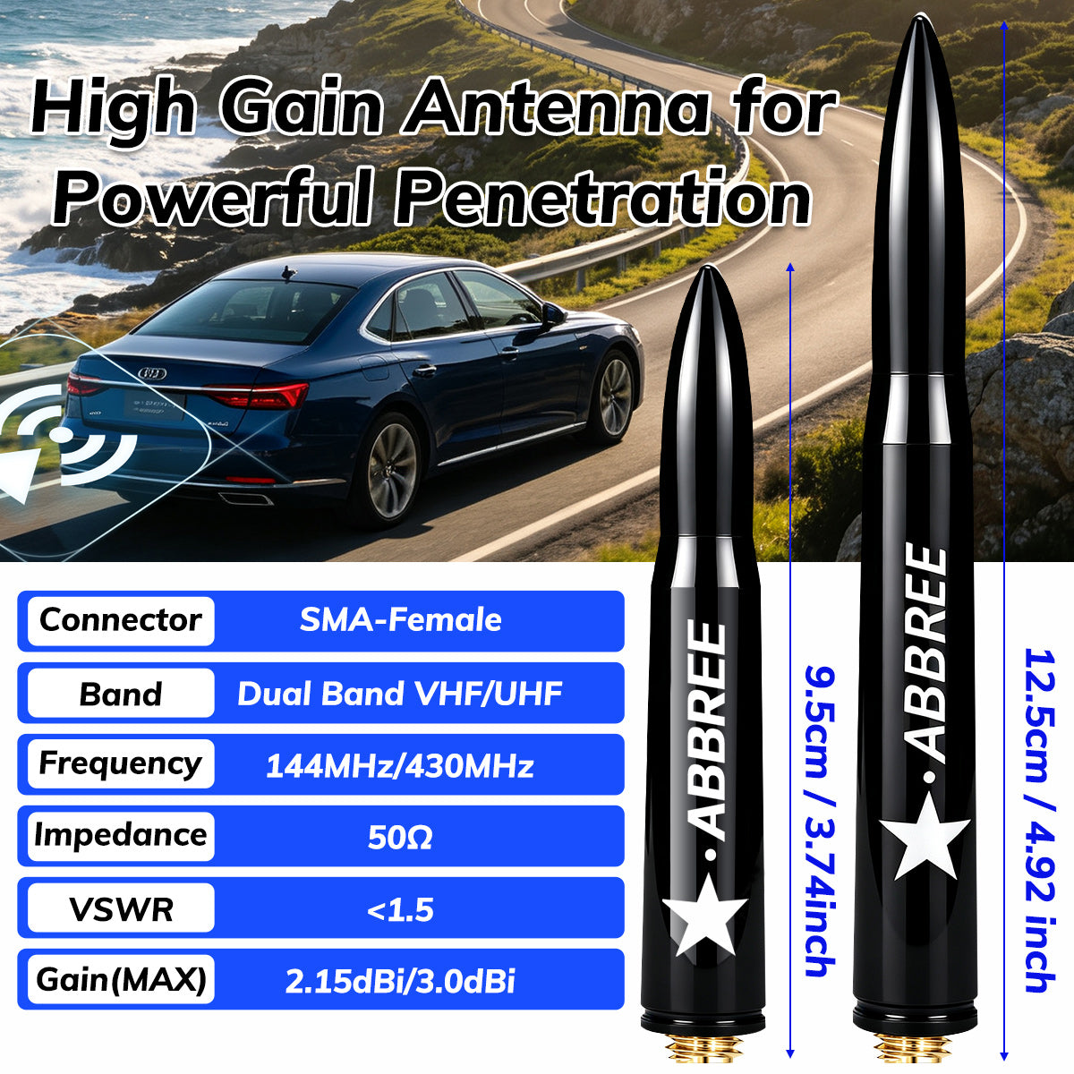 ABBREE AR‑47 Bullet Mini Antenna SMA‑Female VHF UHF 10W High‑Gain For Baofeng Quansheng Handheld Radio