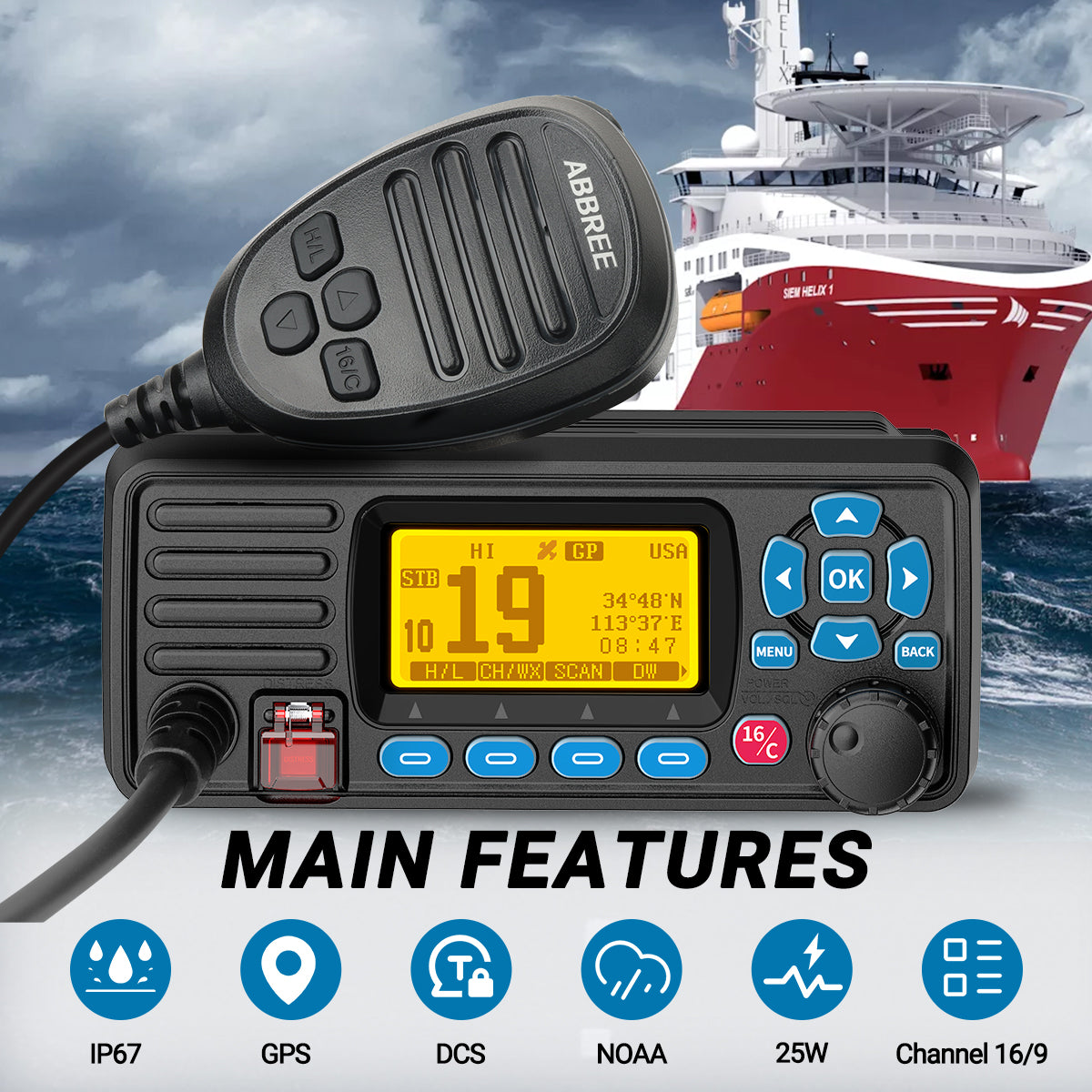 ABBREE AR-509MG Marine Radio VHF 25W with GPS Waterproof IP67 DCS Call USA/INT/CAN Marine Radio Channels Fixed Mount For Boats