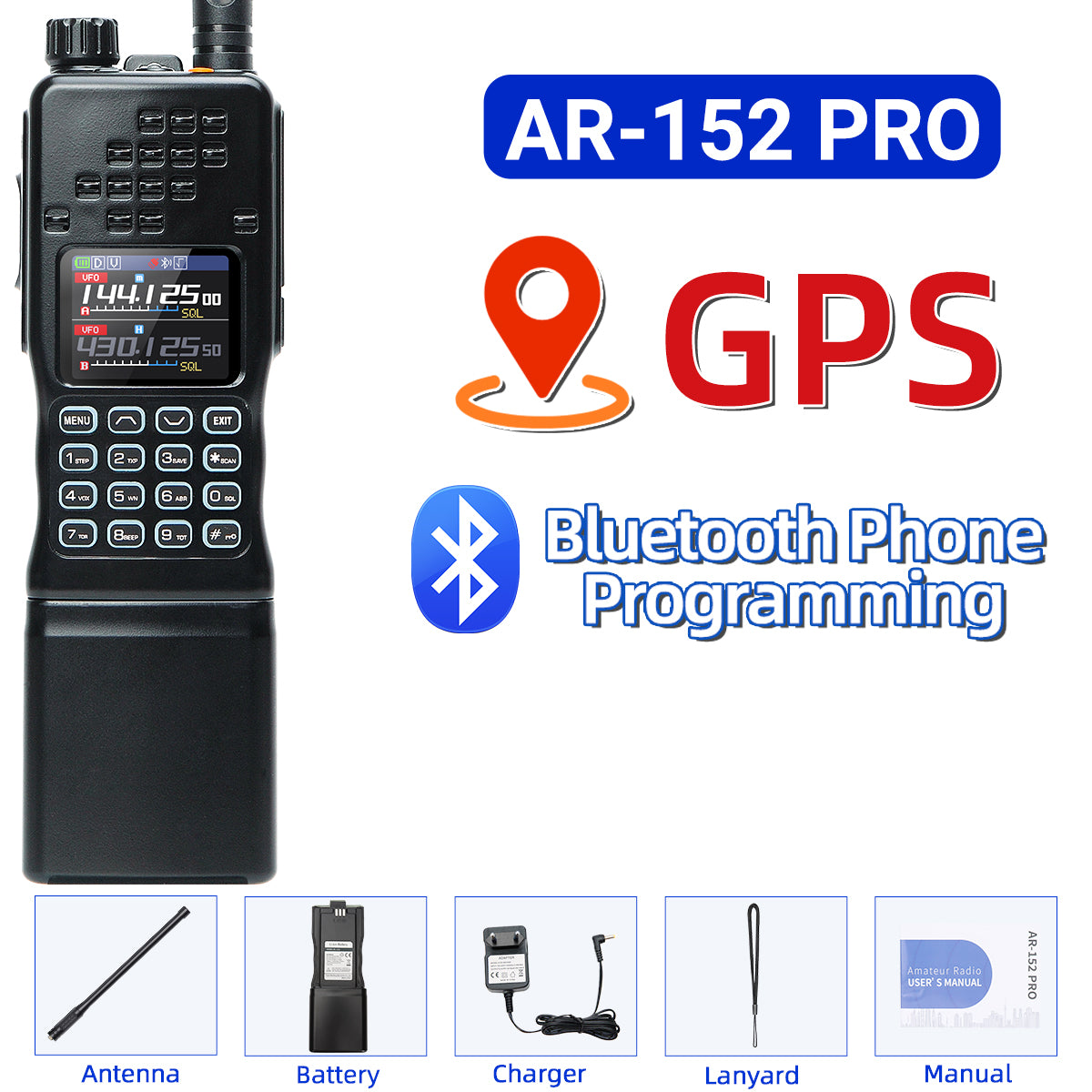 BAOFENG AR-152 PRO GPS Walkie Talkie Long Range Bluetooth Programming 10W Multi Band 12000mAh Tactial 1000CH Two Way Ham Radio