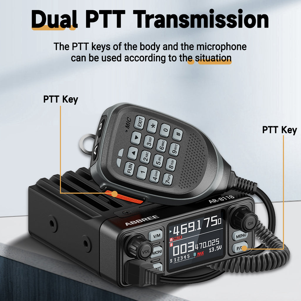 ABBREE AR-8118 25W Dual Band Mini Mobile Radio HD Voice 200CH Long Range VHF UHF Anti-Interference Dual PTT HD Vioce Car Radio