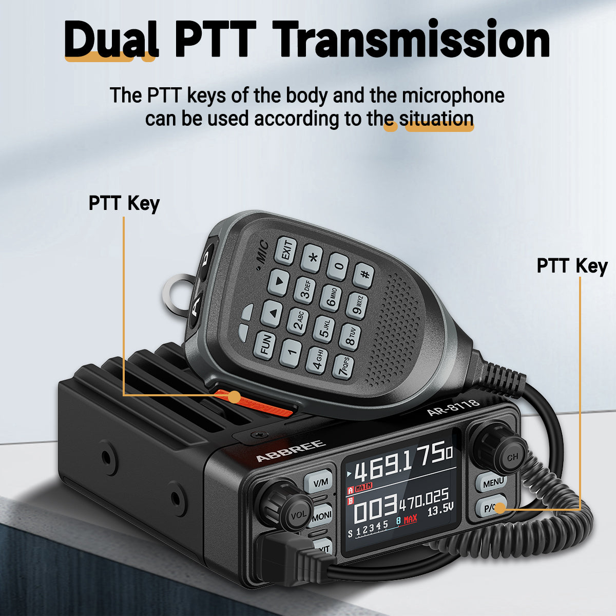 ABBREE AR-8118 25W Dual Band Mini Mobile Radio HD Voice 200CH Long Range VHF UHF Anti-Interference Dual PTT HD Vioce Car Radio