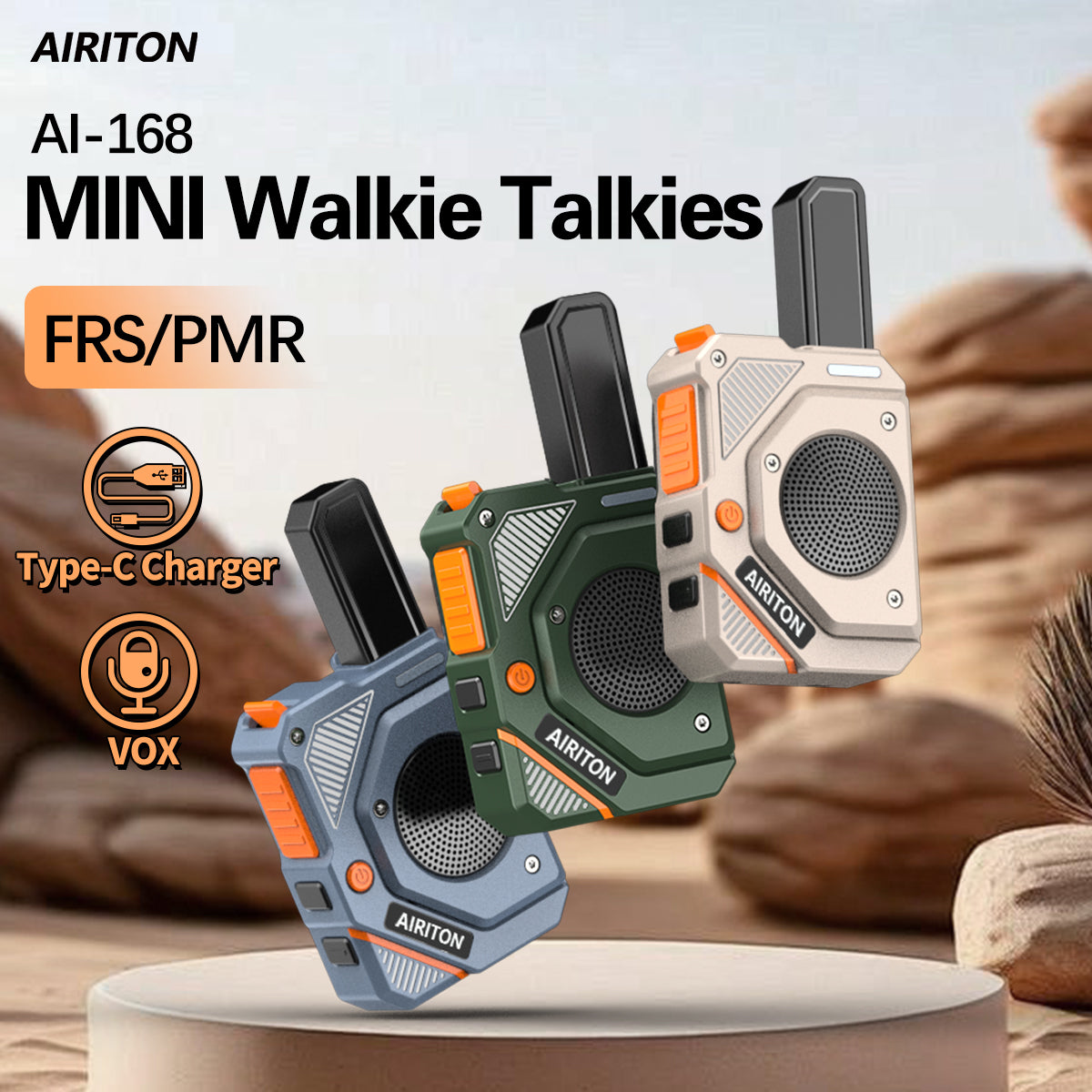 2PCS AIRITON AI-168 Mini Walkie Talkie Rechargable PMR/FRS Portable Long Range NOAA Type-C Charger for Trip Business Ham Radio