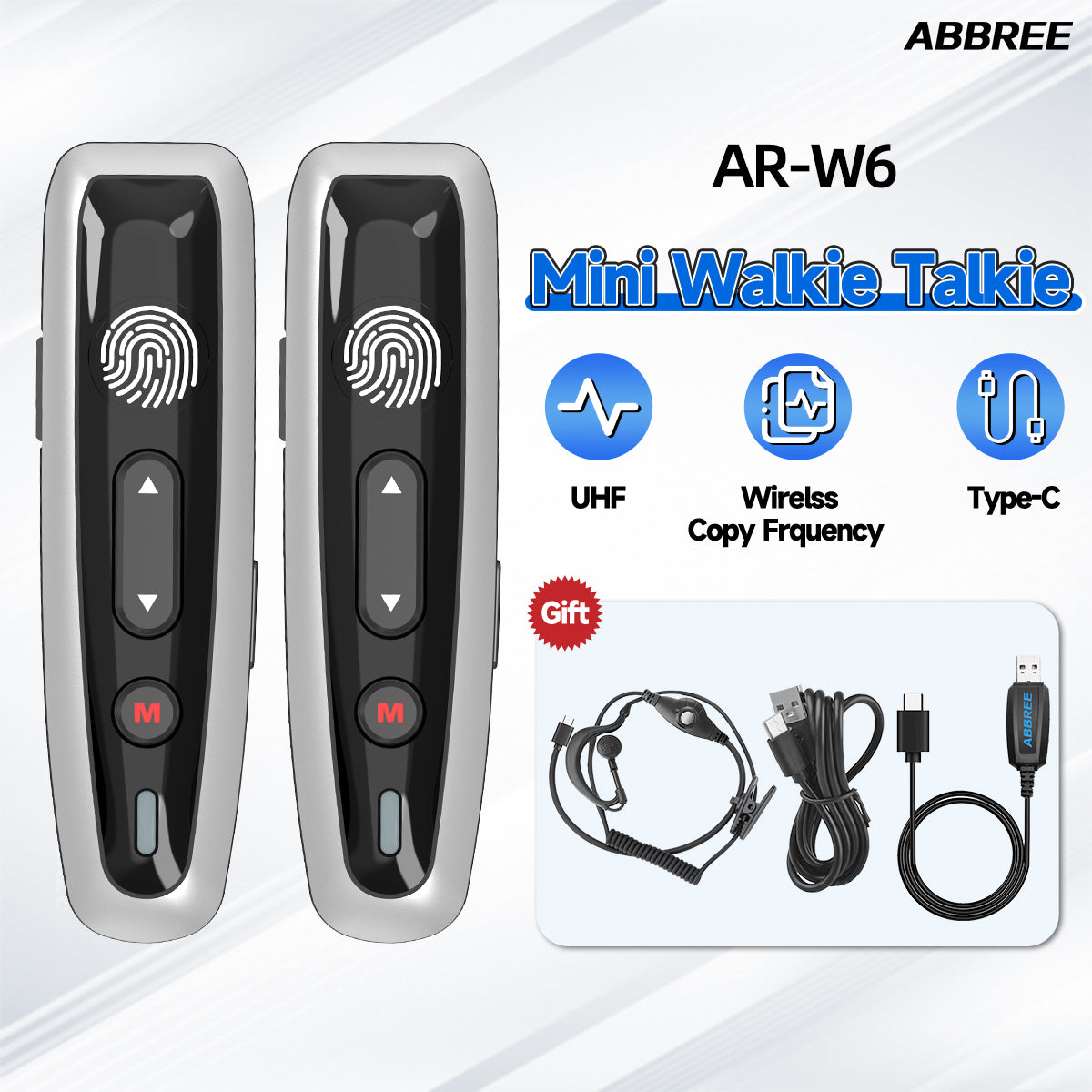 ABBREE AR-W6 Mini Walkie Talkie Collar Clip or Ear Hanging UHF Dual PTT Touch Talk Wireless Copy Frequency For Restaurant Hotel