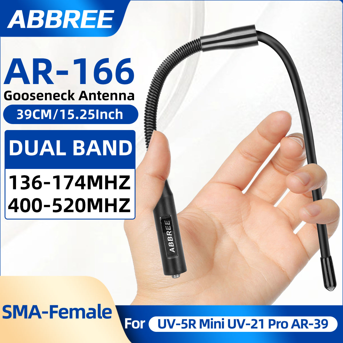 ABBREE AR-166 Gooseneck Walkie Talkie Antenna SMA-Female Dual Band UHF/VHF High Gain For BAOFENG UV-5R Mini UV-21PRO Ham Radio