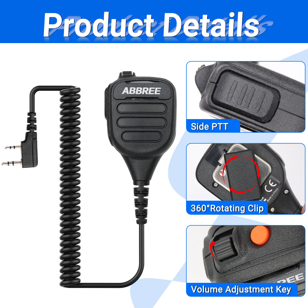 ABBREE AR-850 Speaker Mic Walkie Talkie Volume Adjustable IP54 Waterproof Compatible With Baofeng UV-5R UV-39 BF-888S Ham Radio
