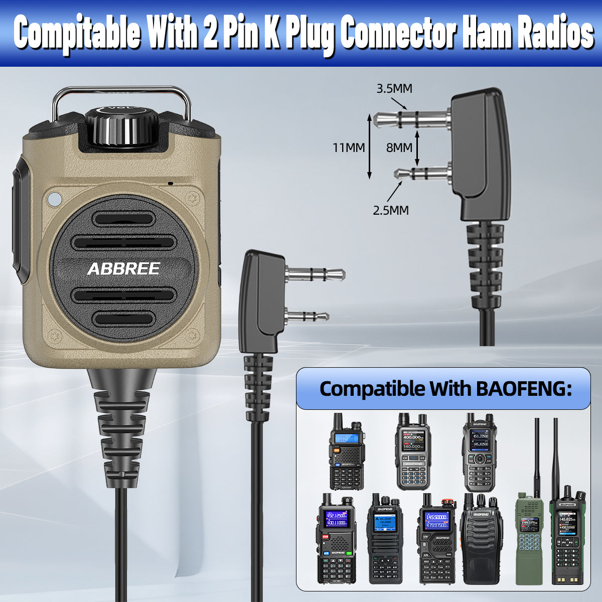 ABBREE AR-158 2 Pin Rechargeable Microphone Mic Adjustable Loud Speaker For Baofeng UV-5R UV-5R Mini UV-21 PRO UV-32 Ham Radios