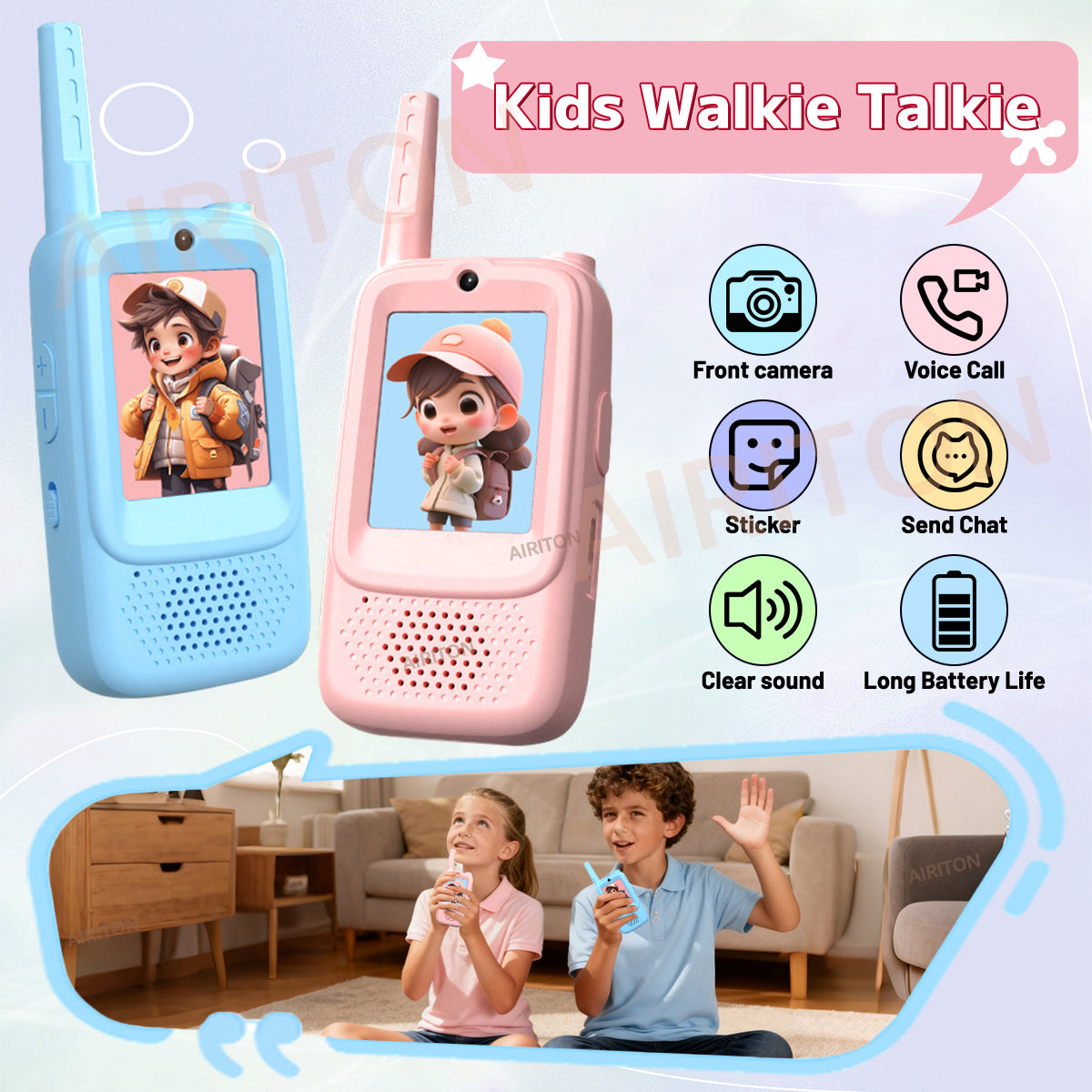 2PCS AIRITON JK300 Children's Video Walkie Talkies Selfie Send Voice Photo Emoticons For Kids Gift Boys Girls JK200 New upgrade