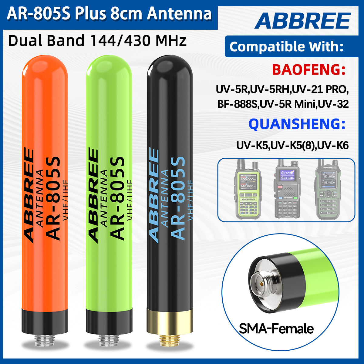 ABBREE AR-805 PLUS Walkie Talkie Antenna SMA-Female High Gain Dual Band For Baofeng UV-5R AR-152 PRO UV-21 PRO Ham Radio