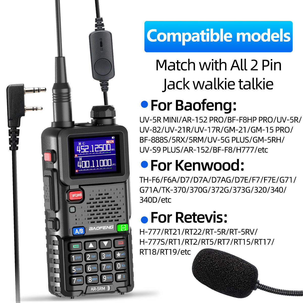 ABBREE Professional 2 Pin PTT Earpiece Headset Clear Audio Walkie Talkie Accessory for BF-888S UV-5R 5RM Referee Online Use