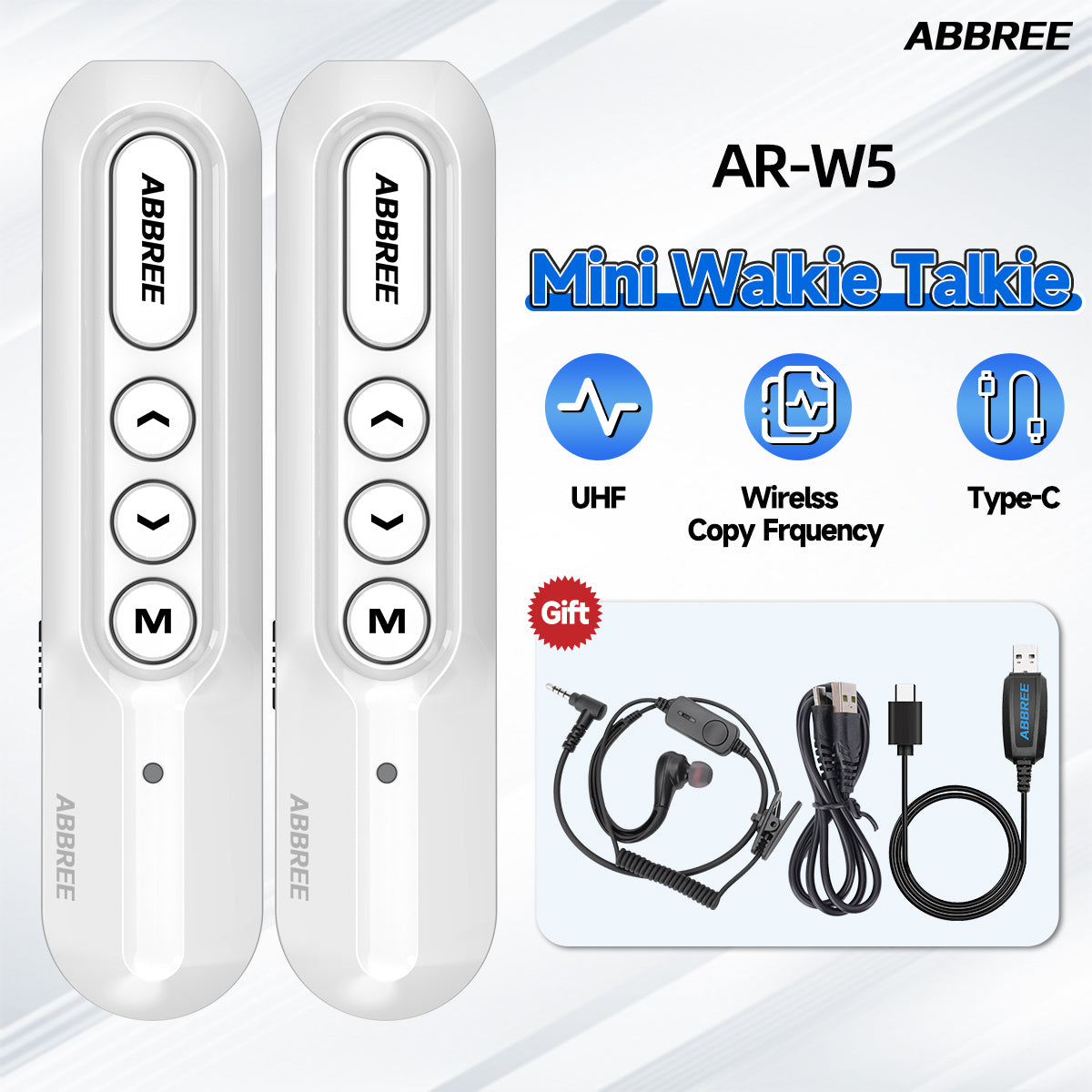 ABBREE AR-W5 Collar Clip Mini Walkie Talkie Wireless Copy Frequency 8 Volume Adjustment 20CH Type-C Chager UHF Handsfree Radio