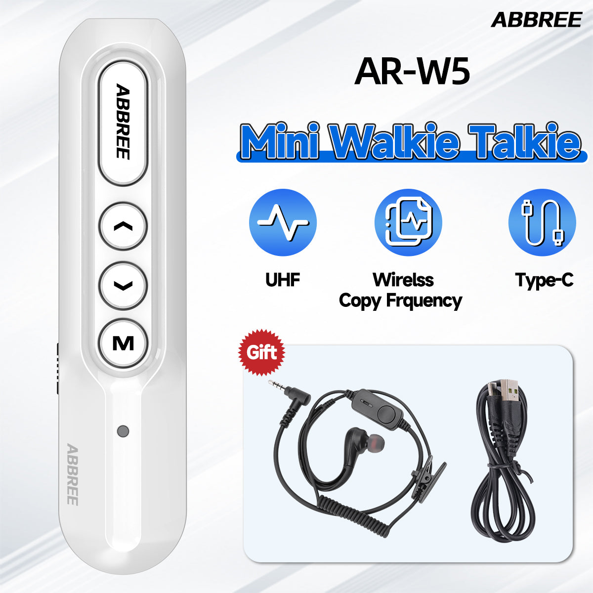 ABBREE AR-W5 Collar Clip Mini Walkie Talkie Wireless Copy Frequency 8 Volume Adjustment 20CH Type-C Chager UHF Handsfree Radio