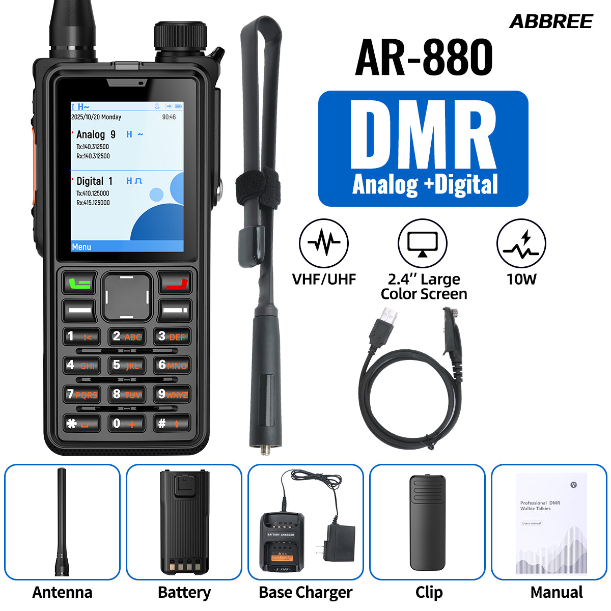ABBREE AR-880 DMR Digital Walkie Talkie 10W IP67 Waterproof Dual Mode Analog Dual Band AES256 Dual Time Slot SMS VOX Ham Radio