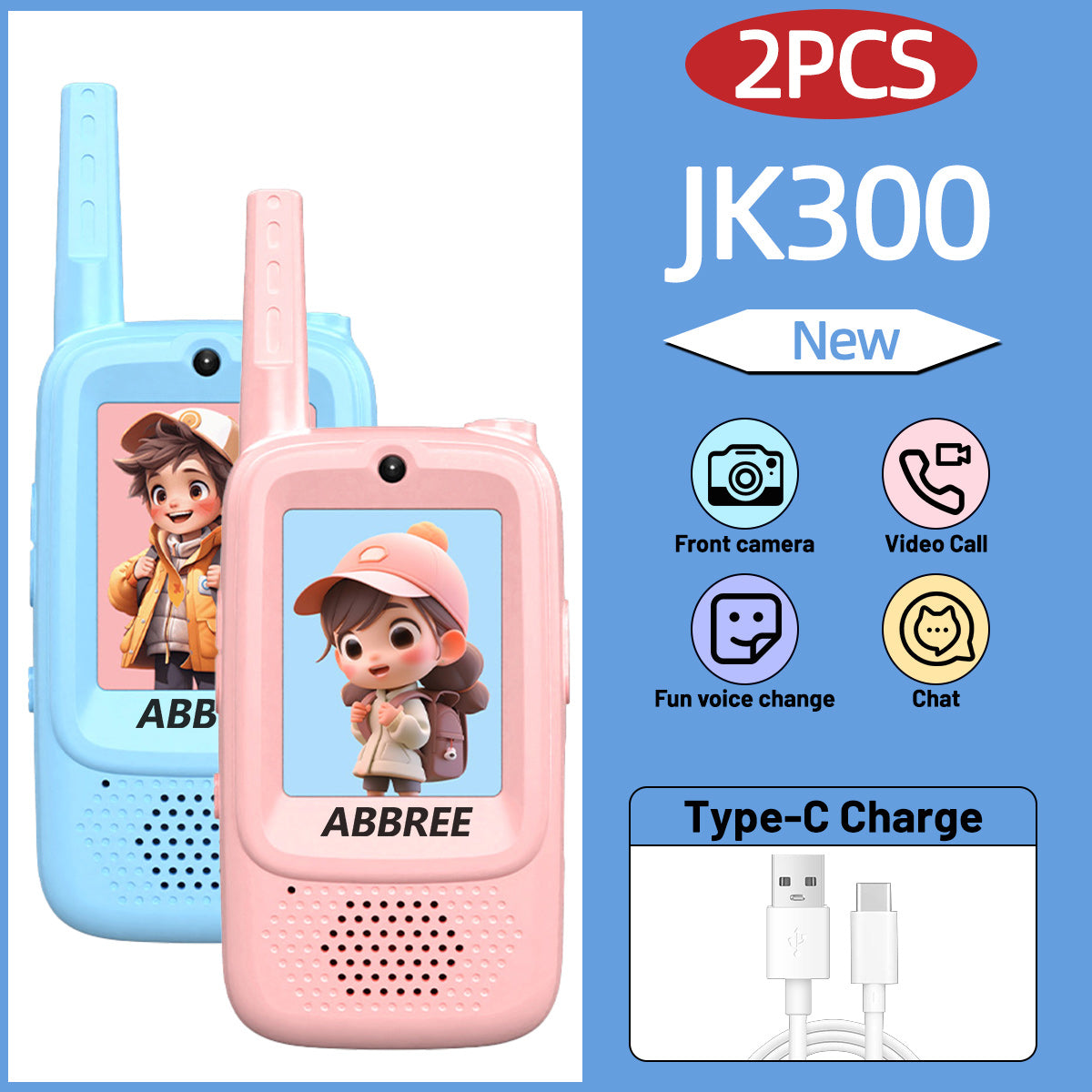 2PCS ABBREE JK300 Children's Video Walkie Talkies Selfie Send Voice Photo Emoticons For Kids Gift Boys Girls JK200 New upgrade