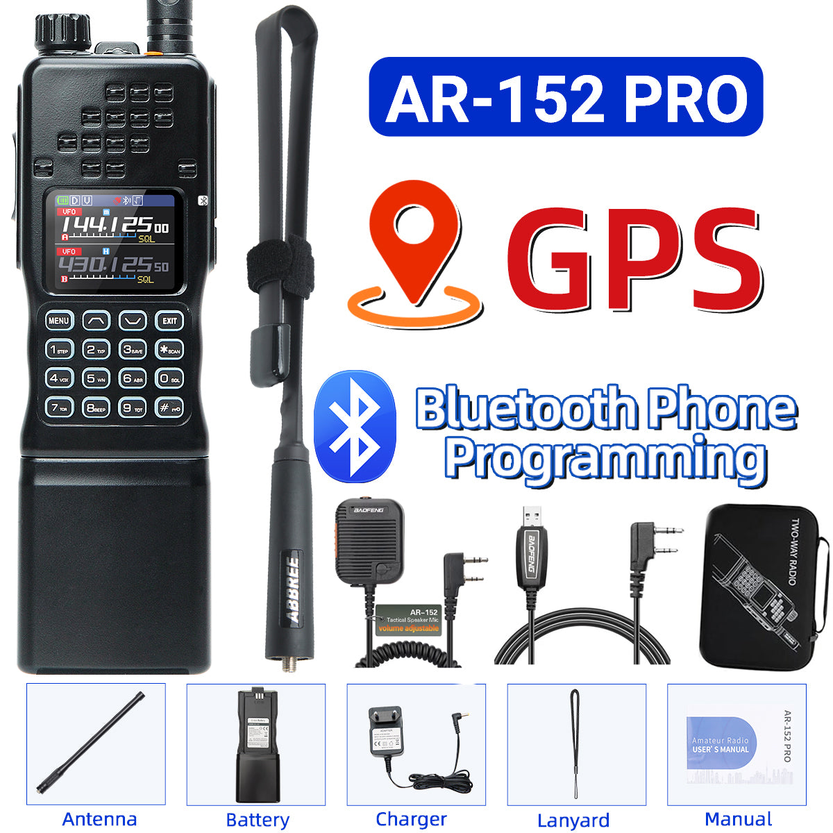 BAOFENG AR-152 PRO GPS Walkie Talkie Long Range Bluetooth Programming 10W Multi Band 12000mAh Tactial 1000CH Two Way Ham Radio