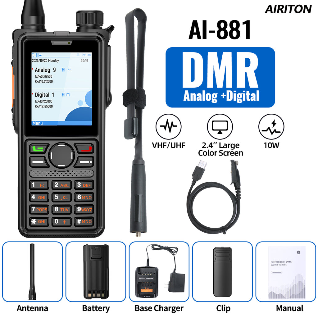 AIRITON AI-881 DMR Walkie Talkie IP67 Waterproof 10W High Power Dual Time Slot Large Color Screen VOX Two Way Radio