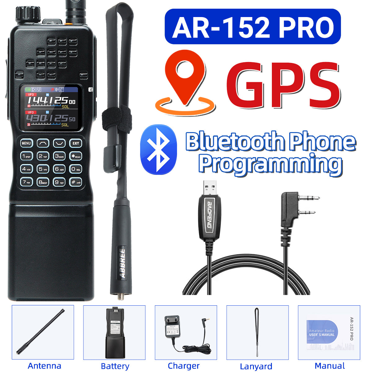 BAOFENG AR-152 PRO GPS Walkie Talkie Long Range Bluetooth Programming 10W Multi Band 12000mAh Tactial 1000CH Two Way Ham Radio