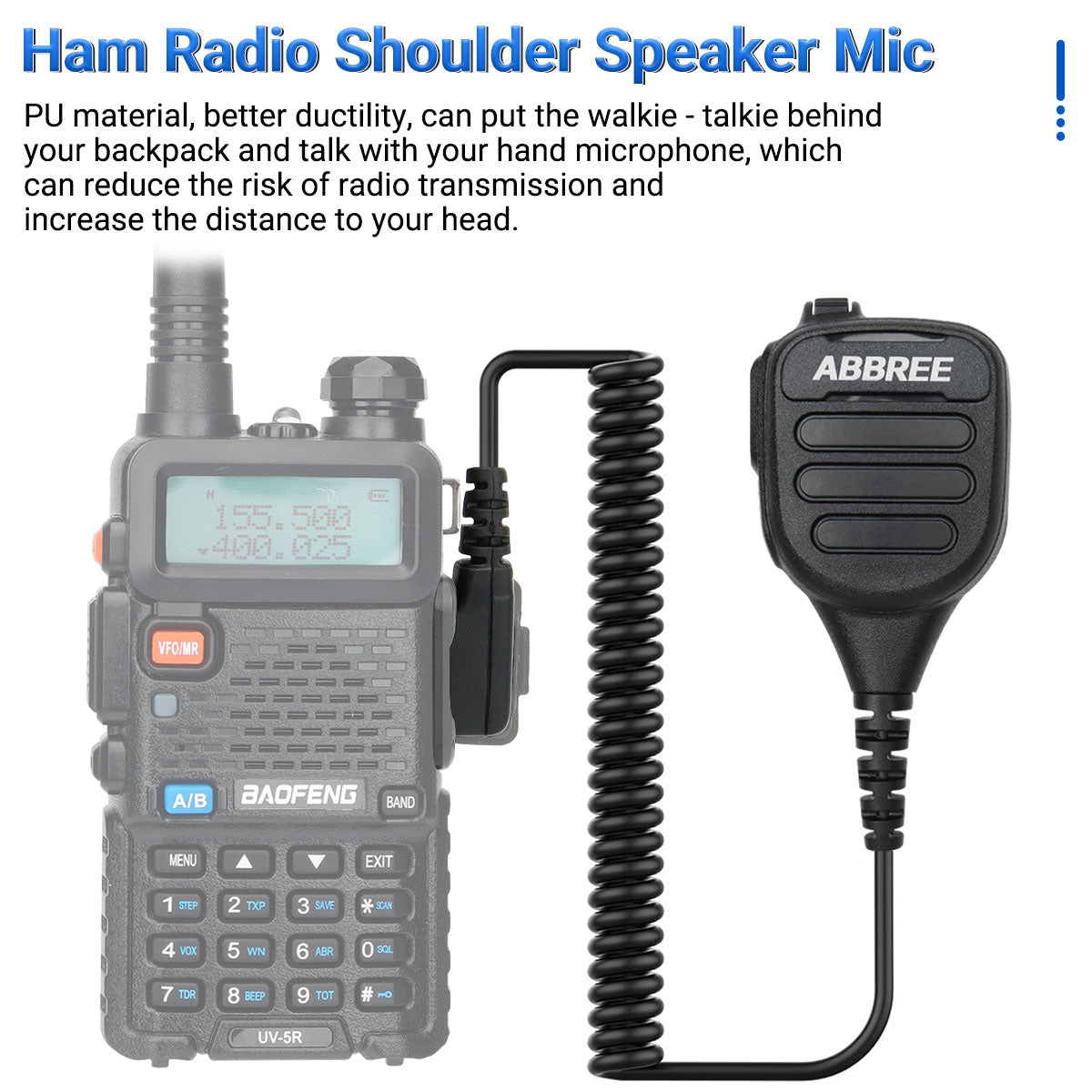 ABBREE AR-850 Speaker Mic Walkie Talkie Volume Adjustable IP54 Waterproof Compatible With Baofeng UV-5R UV-39 BF-888S Ham Radio