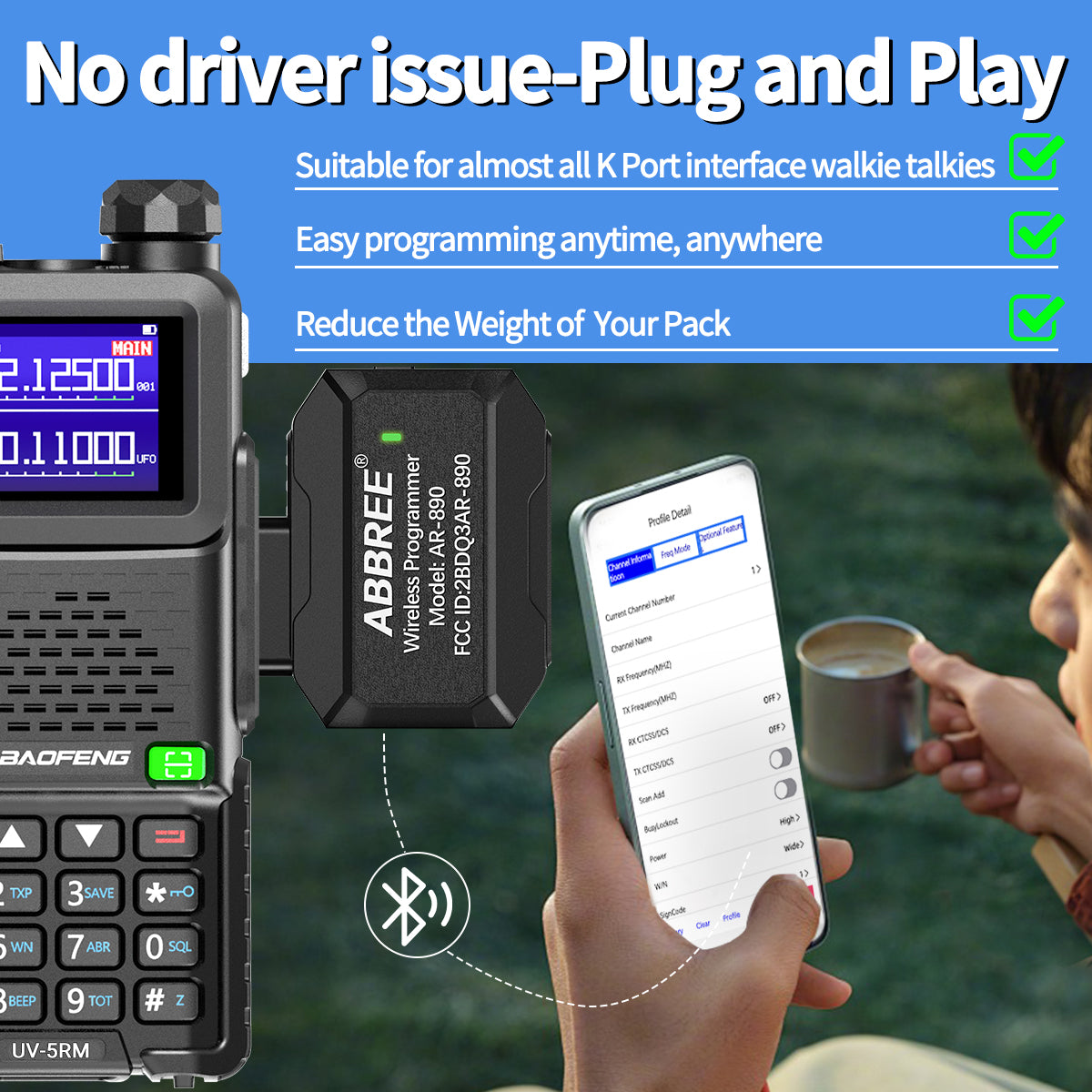 ABBREE Bluetooth Wireless Programmer for Walkie Talkie Plug & Play No Driver Issue Phone for UV5R BF888S Quansheng UVK5