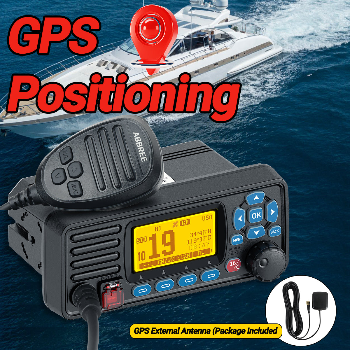 ABBREE AR-509MG Marine Radio VHF 25W with GPS Waterproof IP67 DCS Call USA/INT/CAN Marine Radio Channels Fixed Mount For Boats