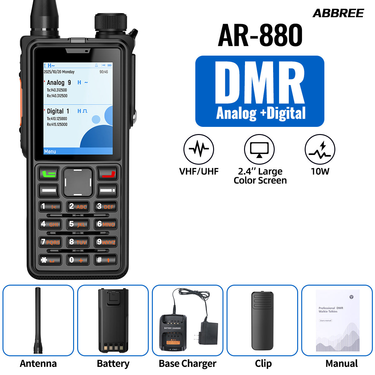 ABBREE AR-880 DMR Digital Walkie Talkie 10W IP67 Waterproof Dual Mode Analog Dual Band AES256 Dual Time Slot SMS VOX Ham Radio