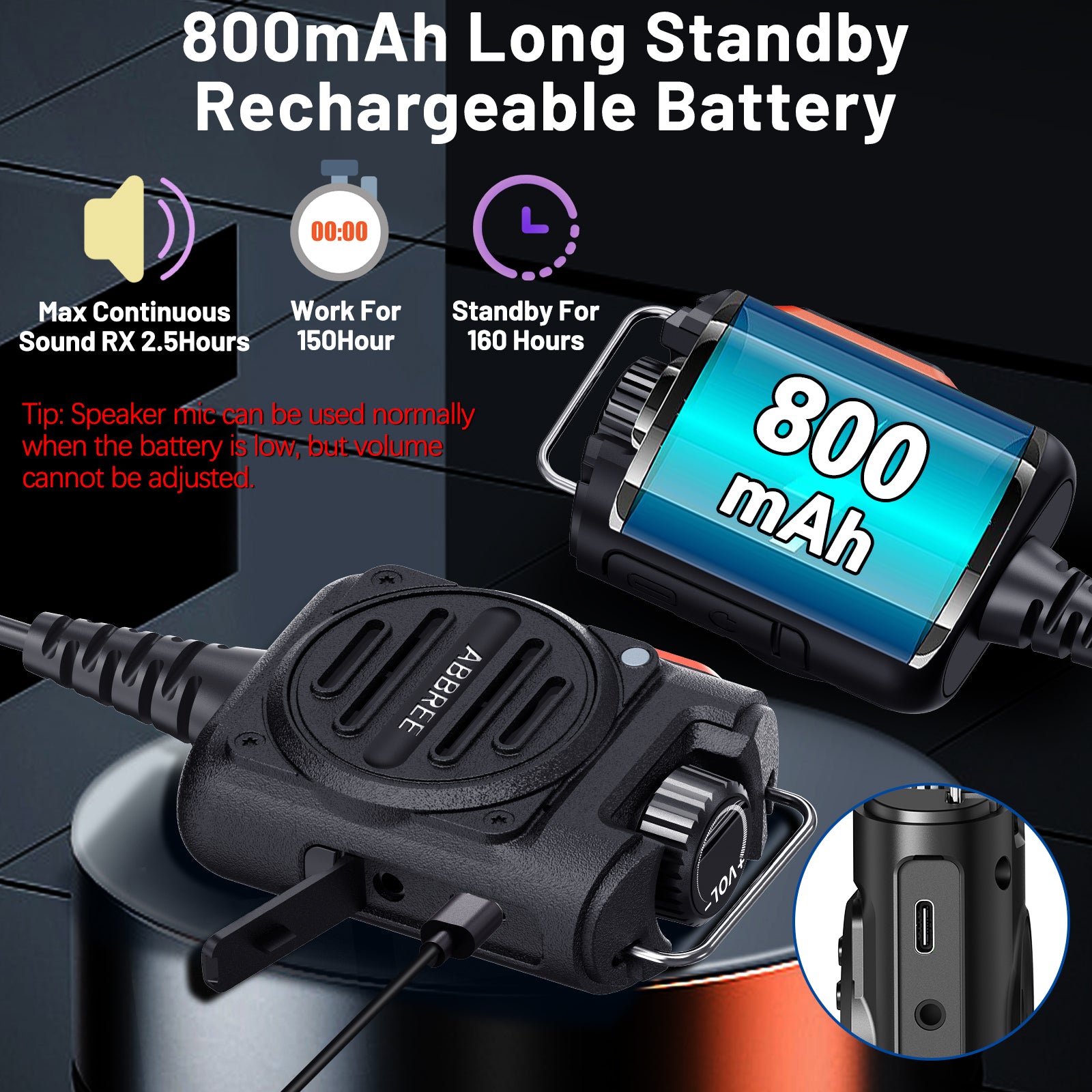 ABBREE AR-158 Walkie Talkie Speaker Mic Adjustable Volume 2 Pin Rechargeable For Baofeng UV-5R Mini for Quansheng UV-K1 (8) K5