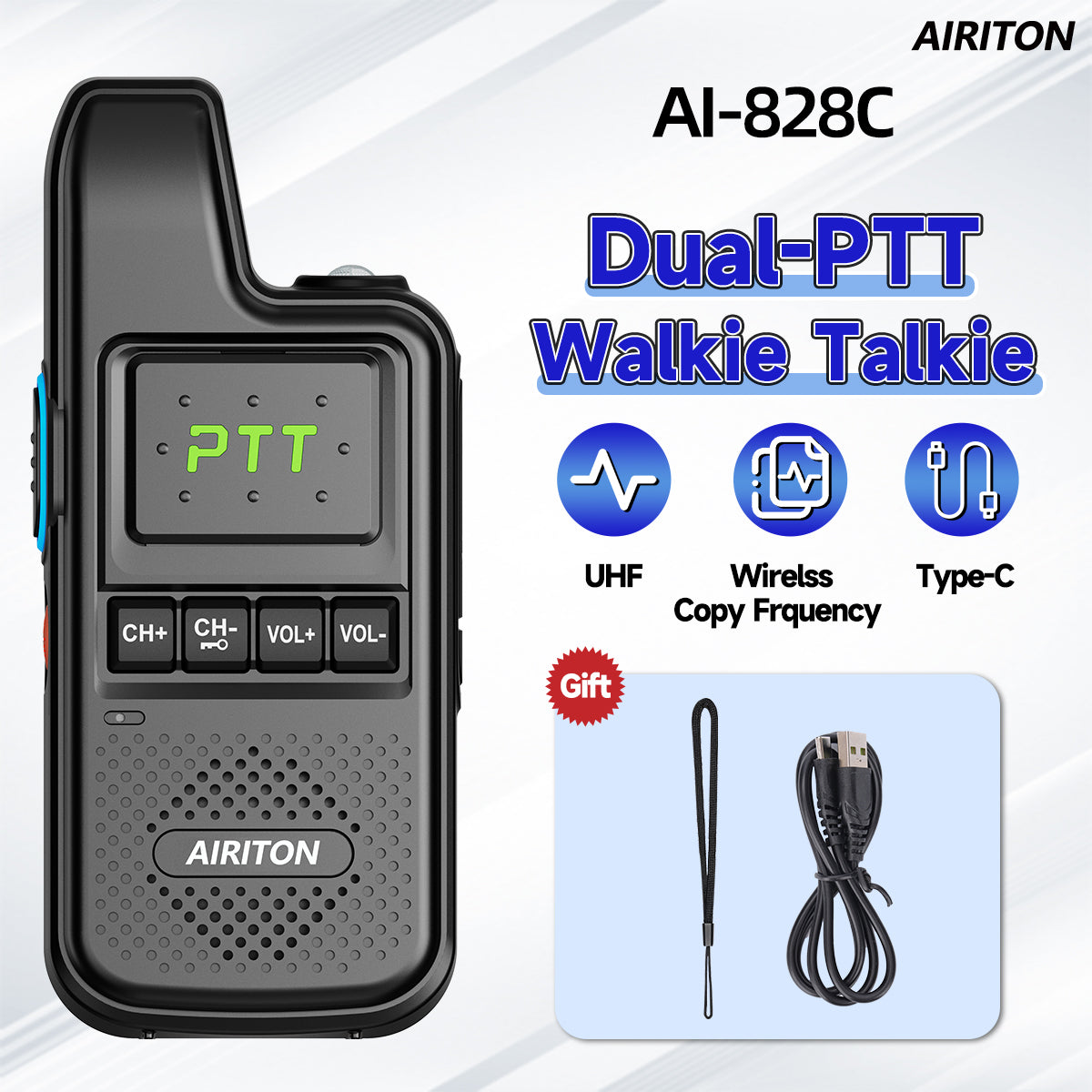 AIRITON AI-828C Mini Walkie Talkie Dual PTT Wireless Copy Frequency HD Sound Portable UHF 16 Channels Long Range Ham Radio