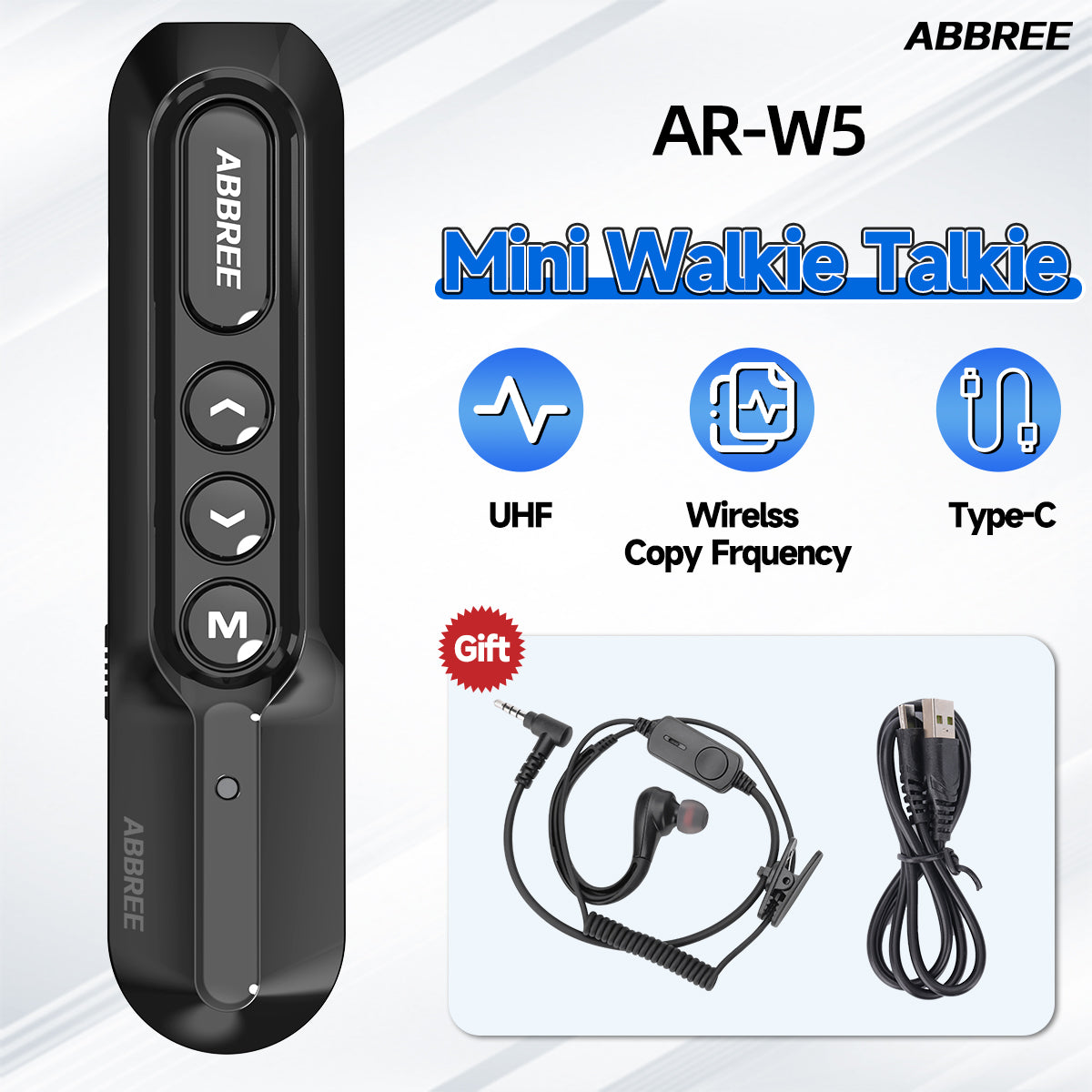 ABBREE AR-W5 Collar Clip Mini Walkie Talkie Wireless Copy Frequency 8 Volume Adjustment 20CH Type-C Chager UHF Handsfree Radio