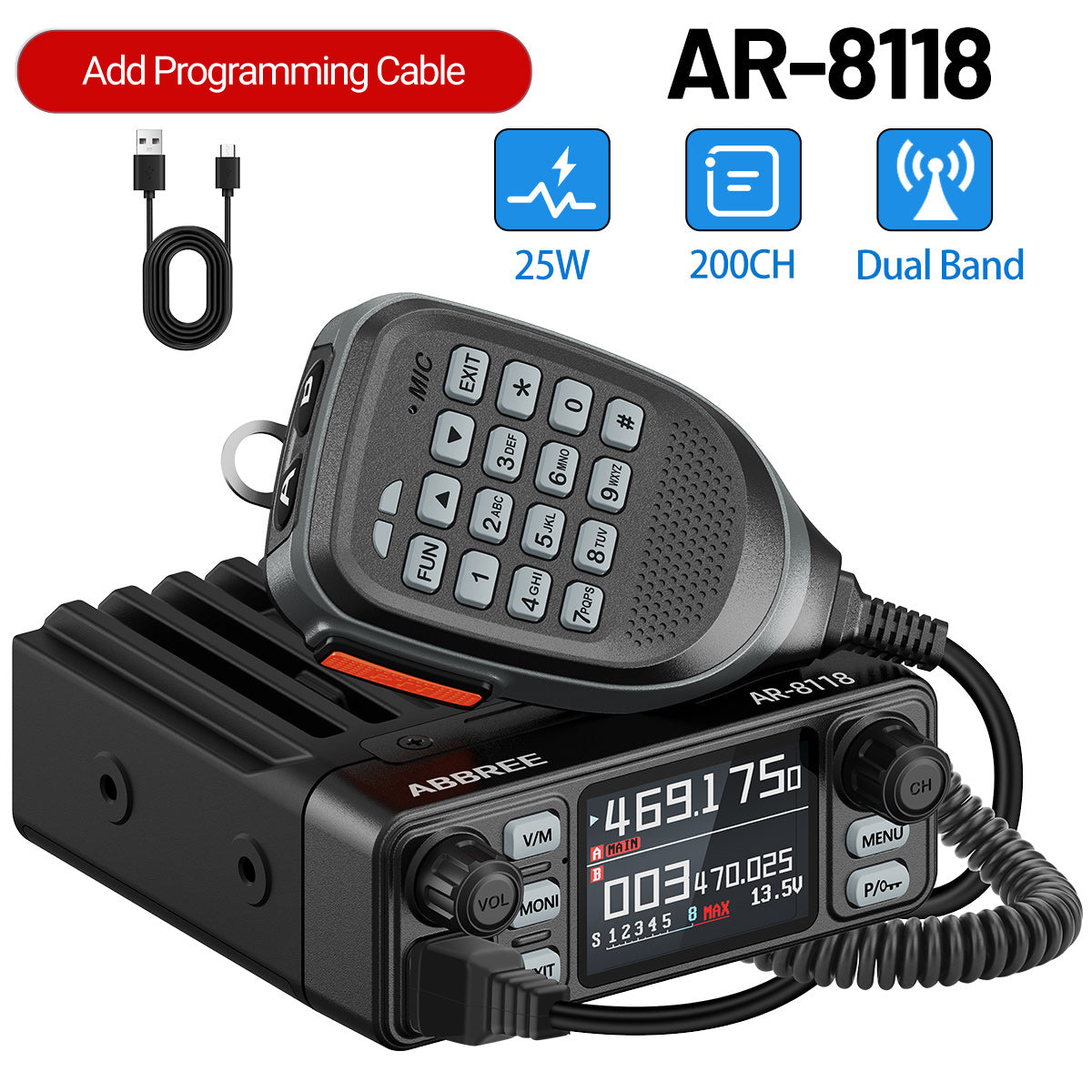 ABBREE AR-8118 25W Dual Band Mini Mobile Radio HD Voice 200CH Long Range VHF UHF Anti-Interference Dual PTT HD Vioce Car Radio