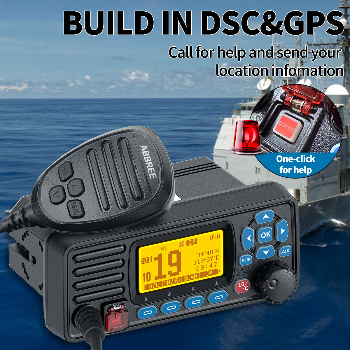 ABBREE AR-509MG Marine Radio VHF 25W with GPS Waterproof IP67 DCS Call USA/INT/CAN Marine Radio Channels Fixed Mount For Boats