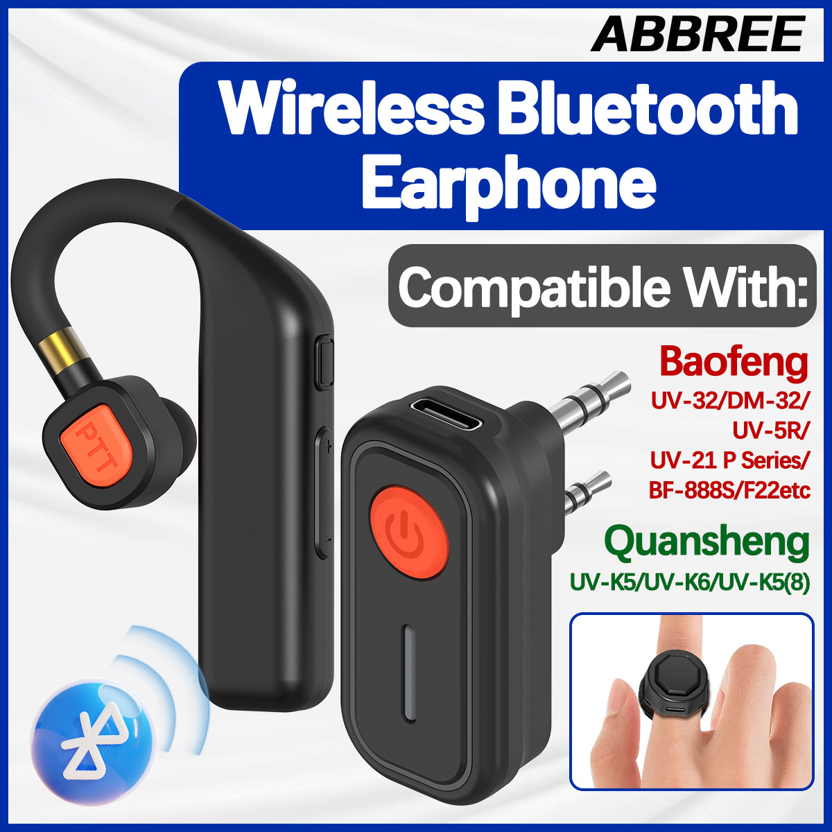ABBREE BT-E2 Walkie Talkie Wireless Headset 2.4G Earphone Noise Reduction 2 Pin for Baofeng Quansheng Two Way Radio