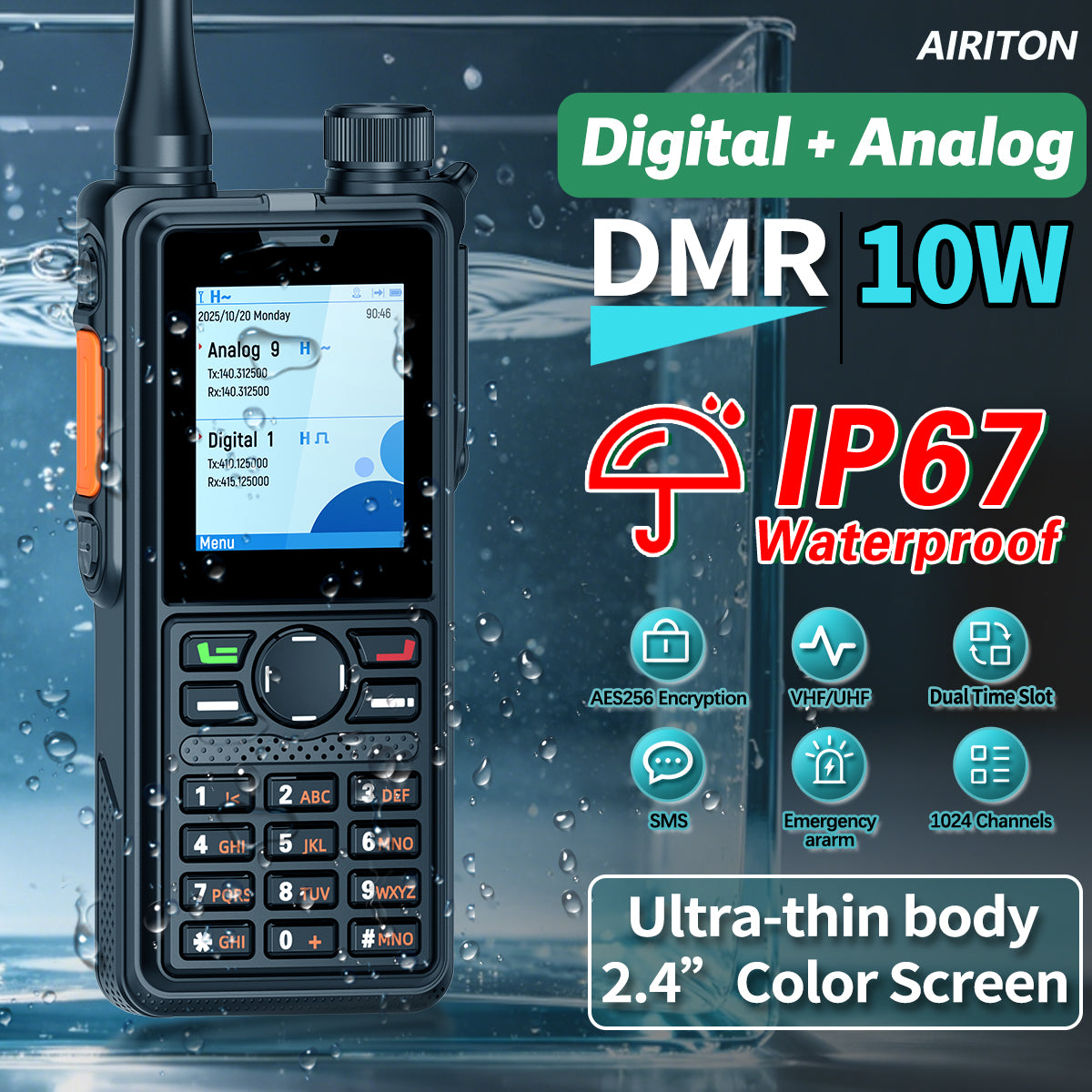 AIRITON AI-881 DMR Walkie Talkie IP67 Waterproof 10W High Power Dual Time Slot Large Color Screen VOX Two Way Radio