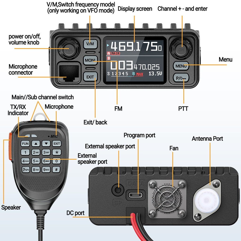 ABBREE AR-8118 25W Dual Band Mini Mobile Radio HD Voice 200CH Long Range VHF UHF Anti-Interference Dual PTT HD Vioce Car Radio