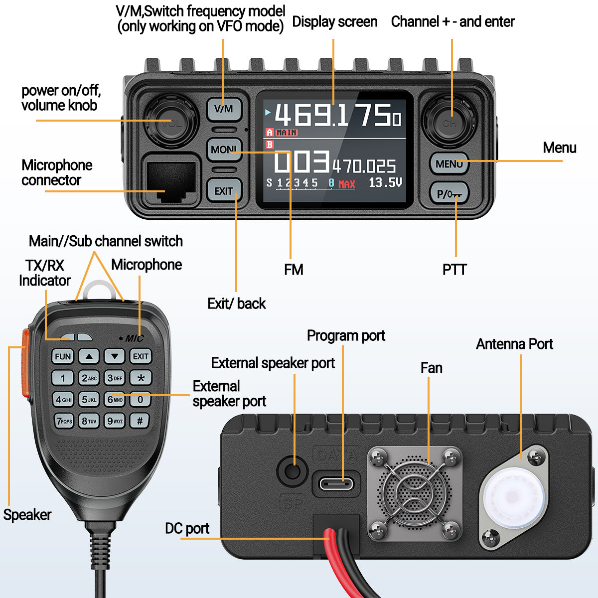 ABBREE AR-8118 25W Dual Band Mini Mobile Radio HD Voice 200CH Long Range VHF UHF Anti-Interference Dual PTT HD Vioce Car Radio