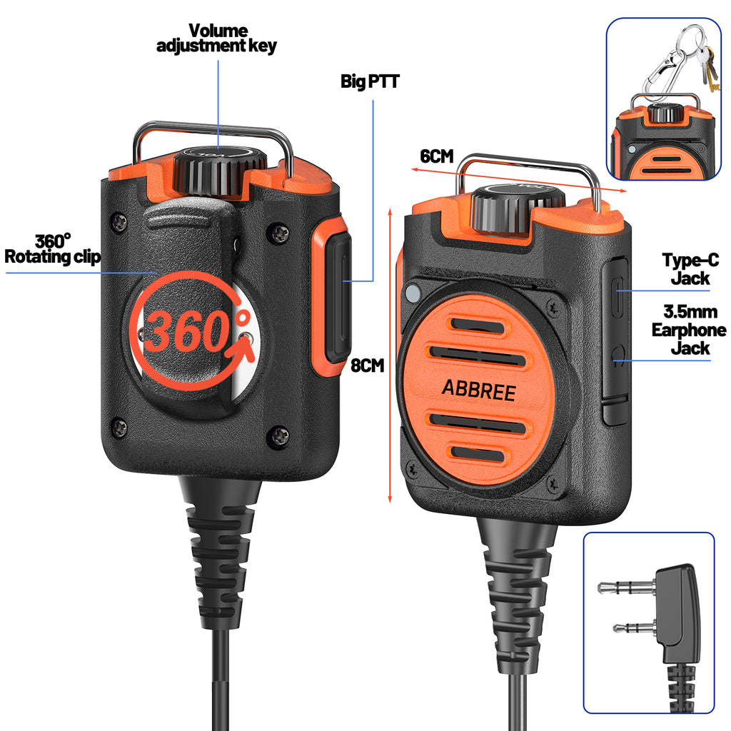 ABBREE AR-158 Rechargeable Microphone Speaker Mic Adjustable Volume Compatible With Baofeng UV-5R Mini UV-21 PRO UV-32 Ham Radio