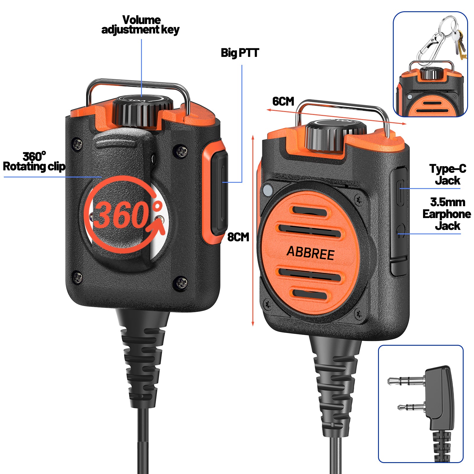 ABBREE AR-158 Rechargeable Microphone Speaker Mic Adjustable Volume Compatible With Baofeng UV-5R Mini UV-21 PRO UV-32 Ham Radio