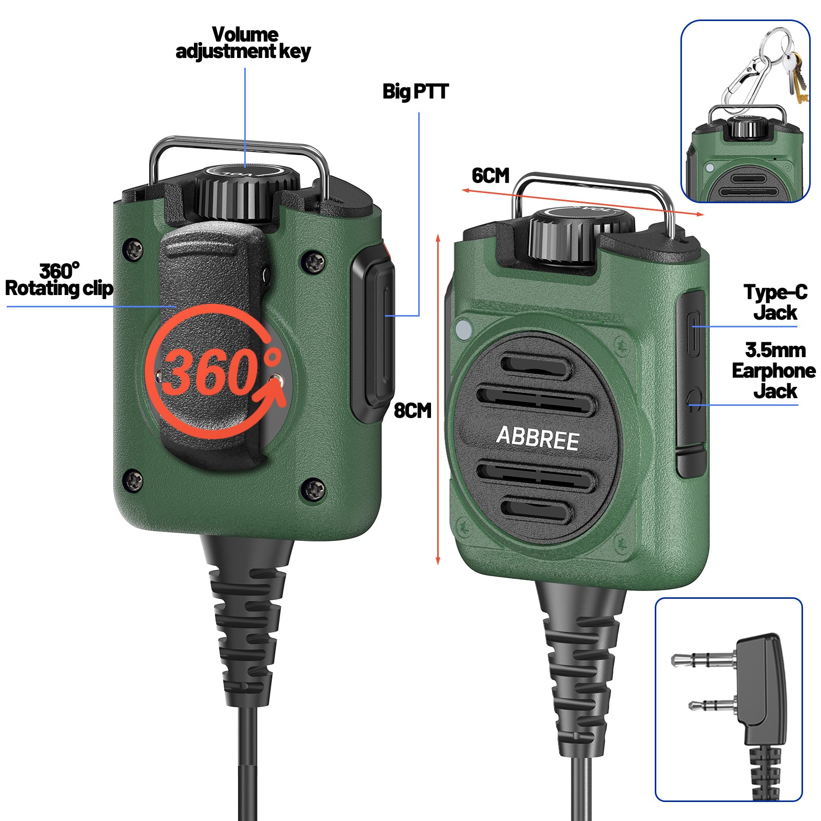 ABBREE AR-158 Rechargeable Walkie Talkie Microphone Speaker Volume Adjust Type-C Charging for Baofeng UV 5R MINI Quansheng UV K5