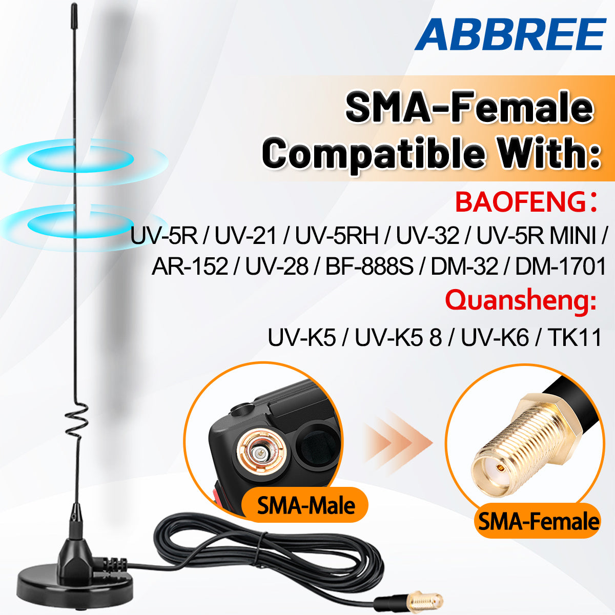 ABBREE AD-109 Mobile Radio Antenna Magnetic Dual Band VHF UHF SMA-Female For Baofeng Walkie Talkie UV-5RH BF-888S UV-32