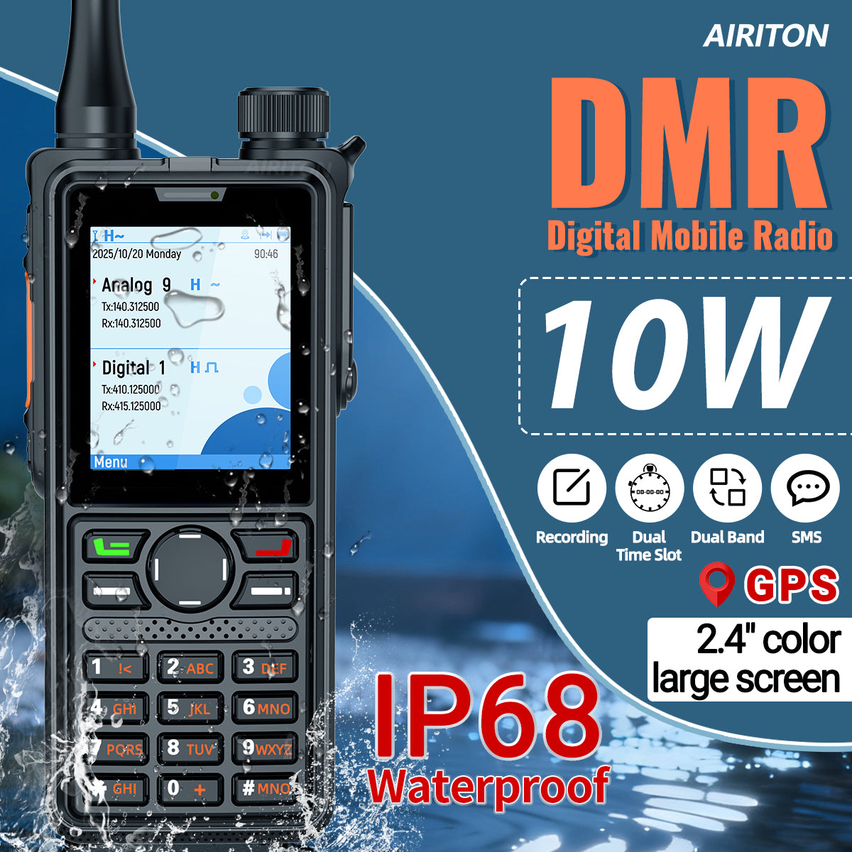 AIRITON AI-881 DMR Walkie Talkie IP67 Waterproof 10W High Power Dual Time Slot Large Color Screen VOX Two Way Radio