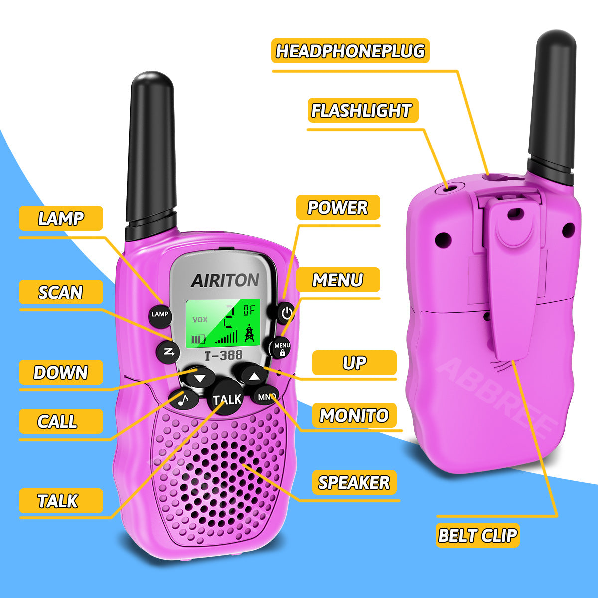 2PCS AIRITON T-388 Kids Walkie Talkie PMR/FRS Mini Handheld Transceiver Long Range Birthday Gifts for Outdoor Adventures Hiking