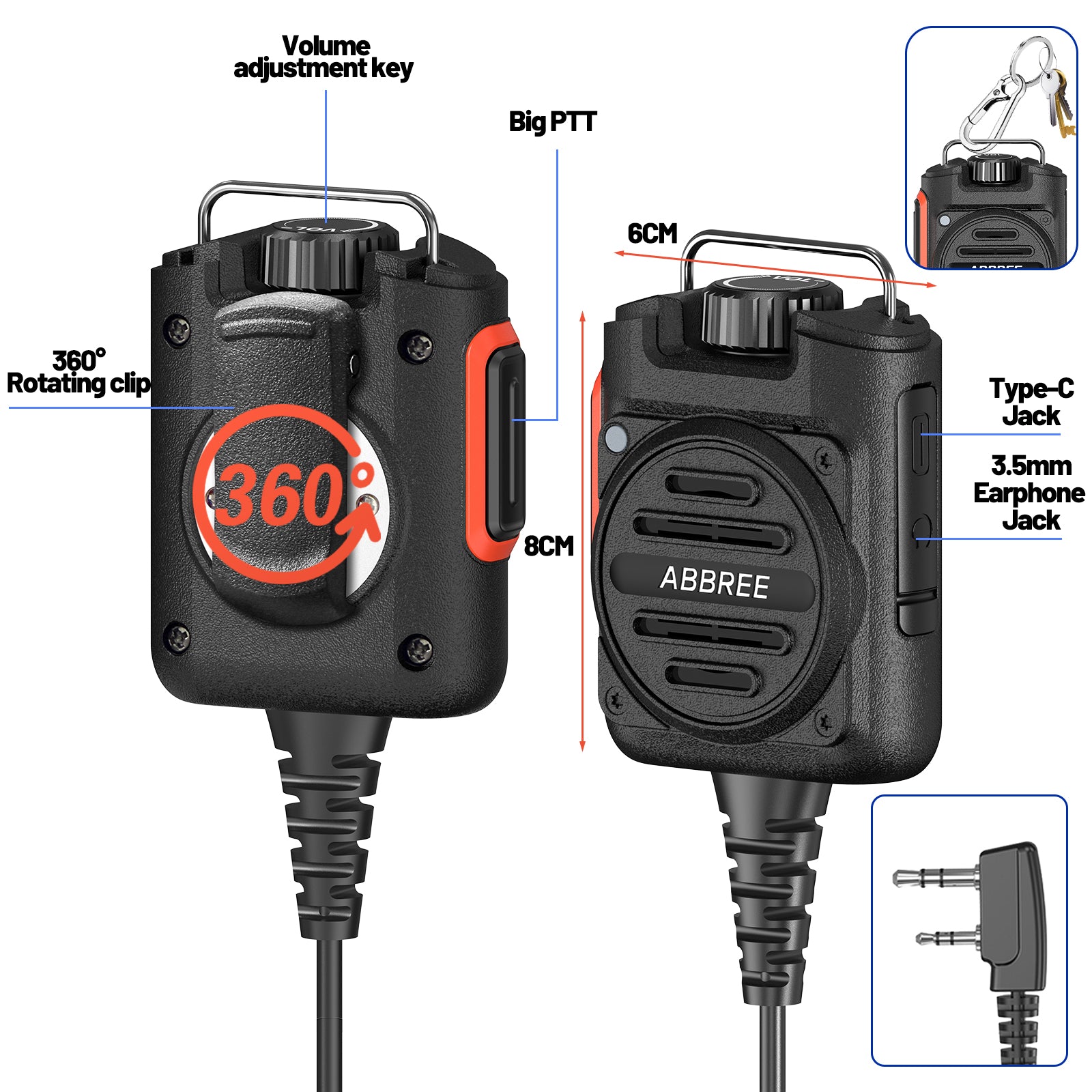 ABBREE AR-158 Walkie Talkie Speaker Mic Adjustable Volume 2 Pin Rechargeable For Baofeng UV-5R Mini for Quansheng UV-K1 (8) K5