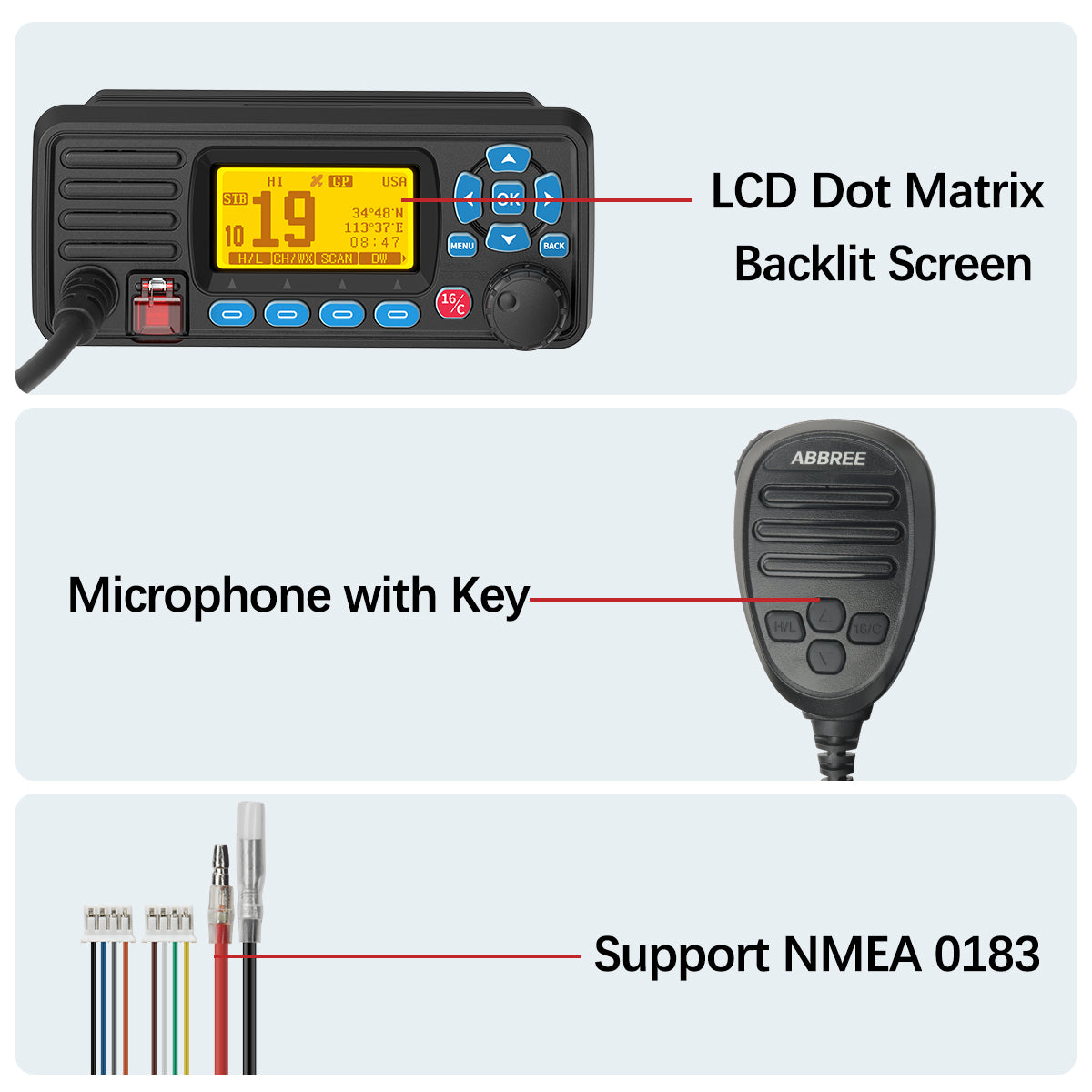ABBREE AR-509MG Marine Radio VHF 25W with GPS Waterproof IP67 DCS Call USA/INT/CAN Marine Radio Channels Fixed Mount For Boats