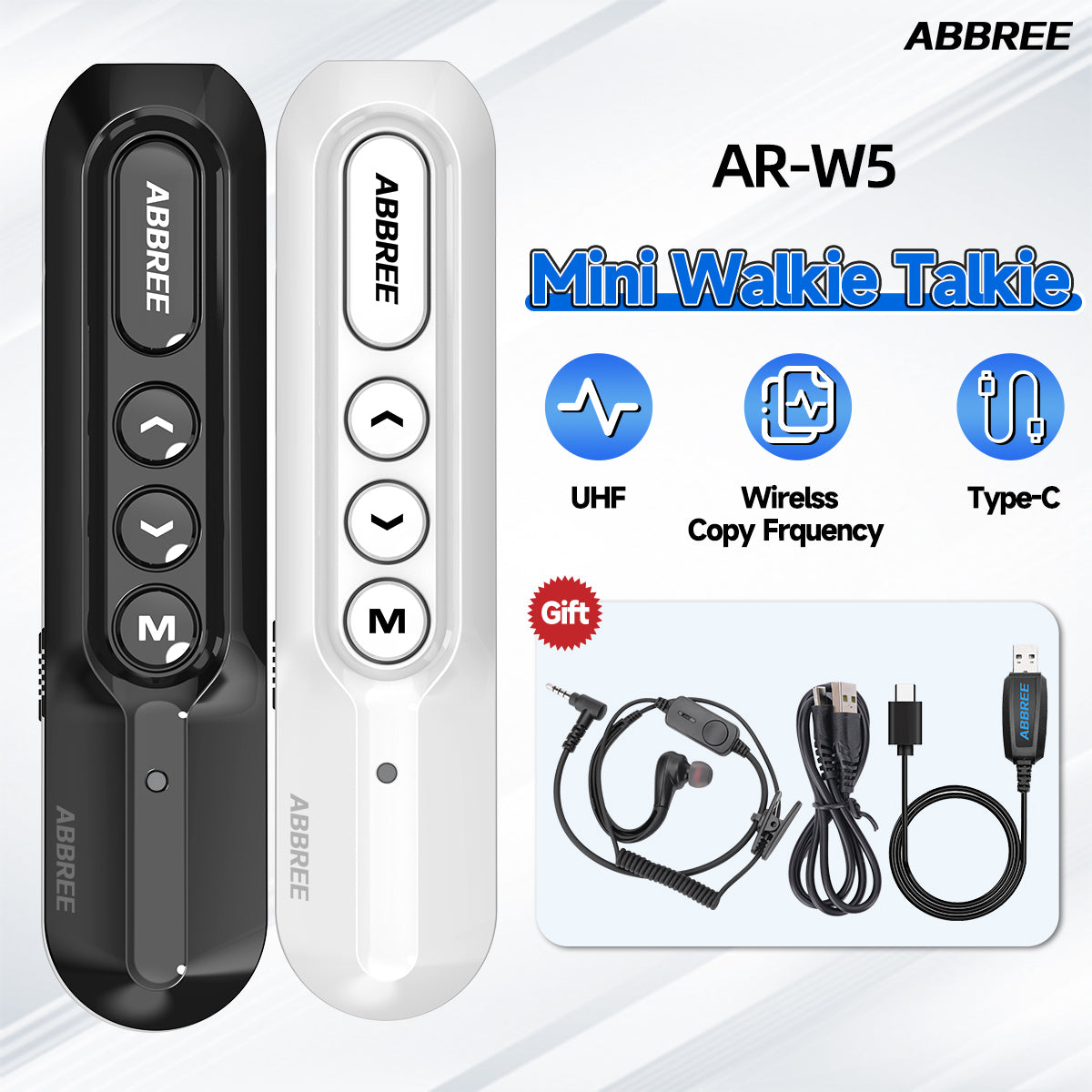 ABBREE AR-W5 Collar Clip Mini Walkie Talkie Wireless Copy Frequency 8 Volume Adjustment 20CH Type-C Chager UHF Handsfree Radio
