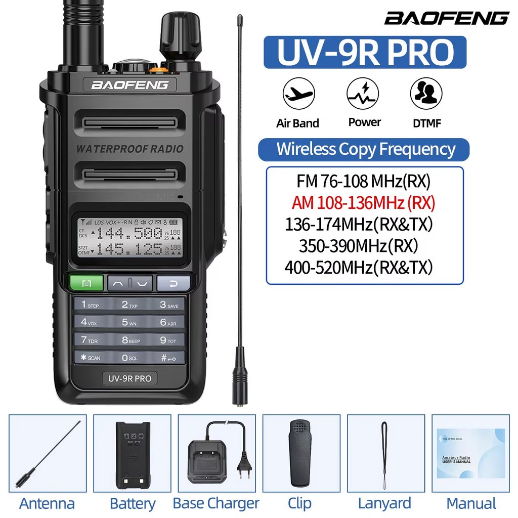 Baofeng UV-9R PRO Air Band Walkie Talkie IP68 Waterproof Multi Band Wireless Copy Frequency AM FM DTMF Long Range Two Way Radio