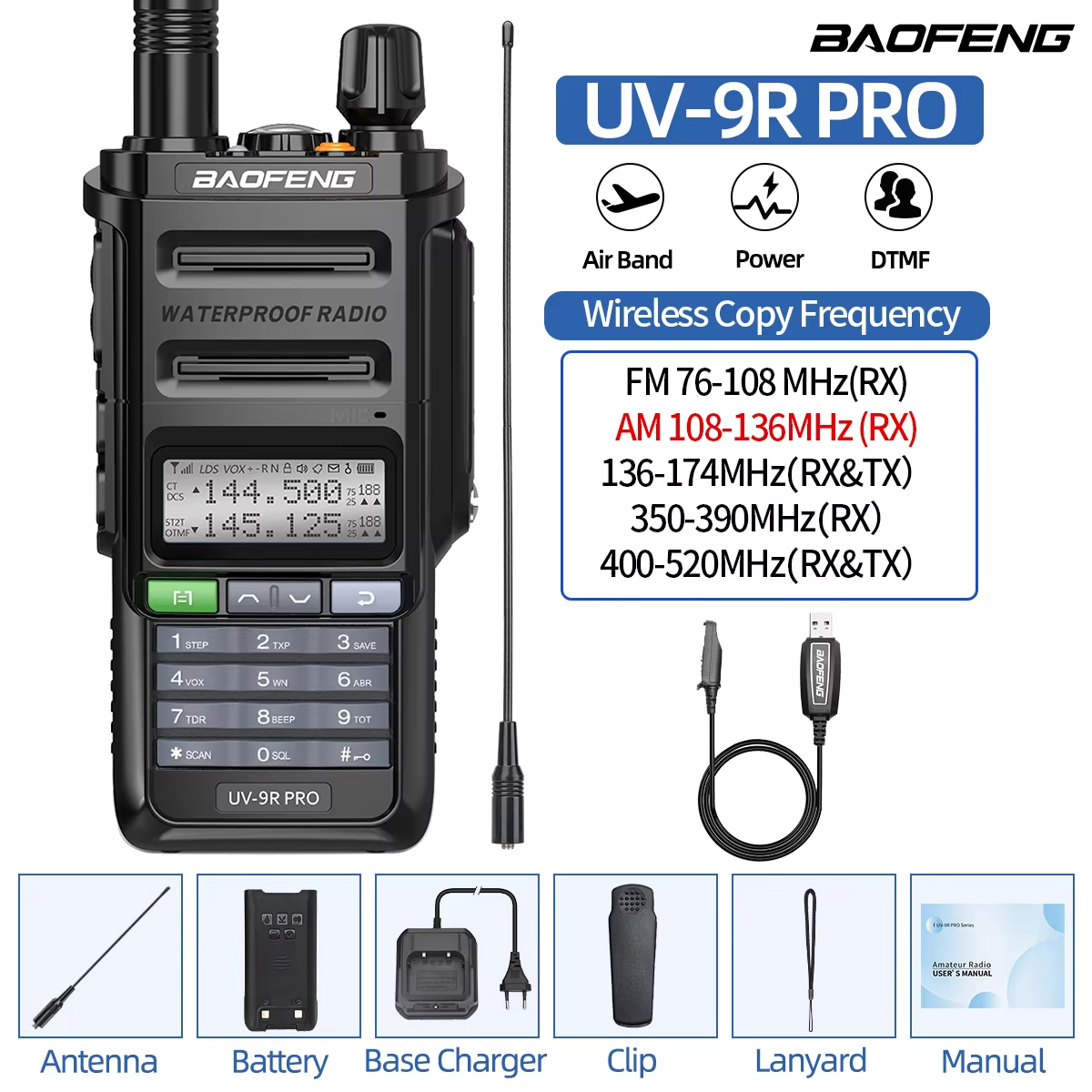 Baofeng UV-9R PRO Air Band Walkie Talkie IP68 Waterproof Multi Band Wireless Copy Frequency AM FM DTMF Long Range Two Way Radio