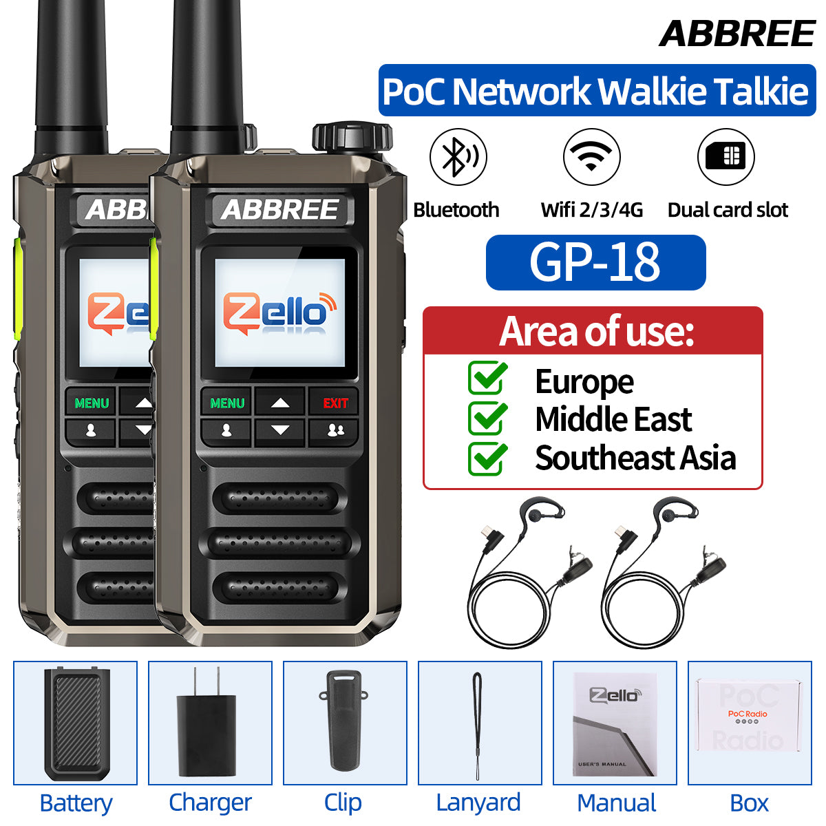 ABBREE GP-18 2G/3G/4G Zello Walkie Talkie Dual Sim Card Slots Global POC Android Bluetooth WIFI Unlimited Distance Network Radio