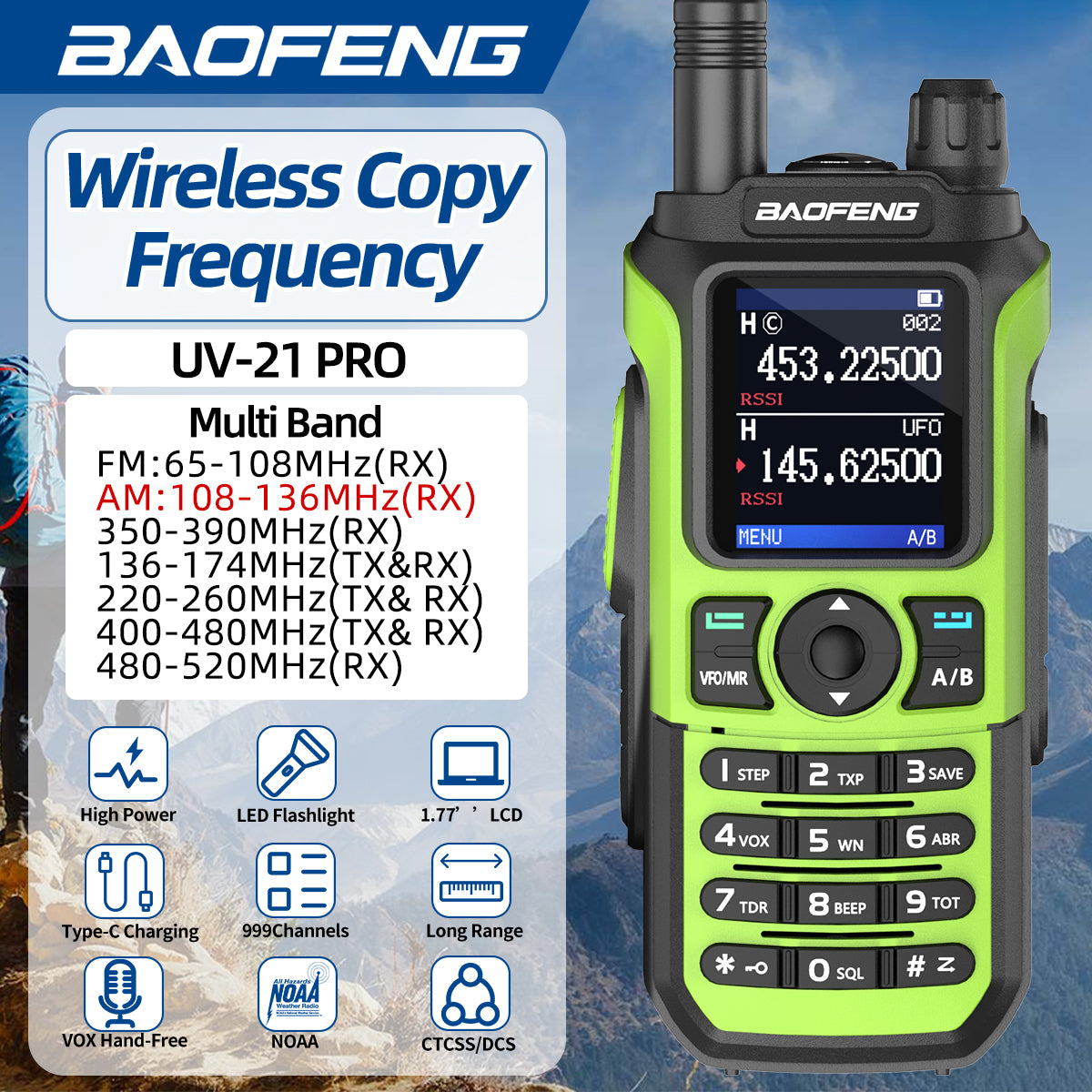 Baofeng UV-21 Pro Wireless Copy Frequency VHF UHF Powerful Waterproof V2 Long Range UV-32 Long Range Type-C Two Way Ham Radio