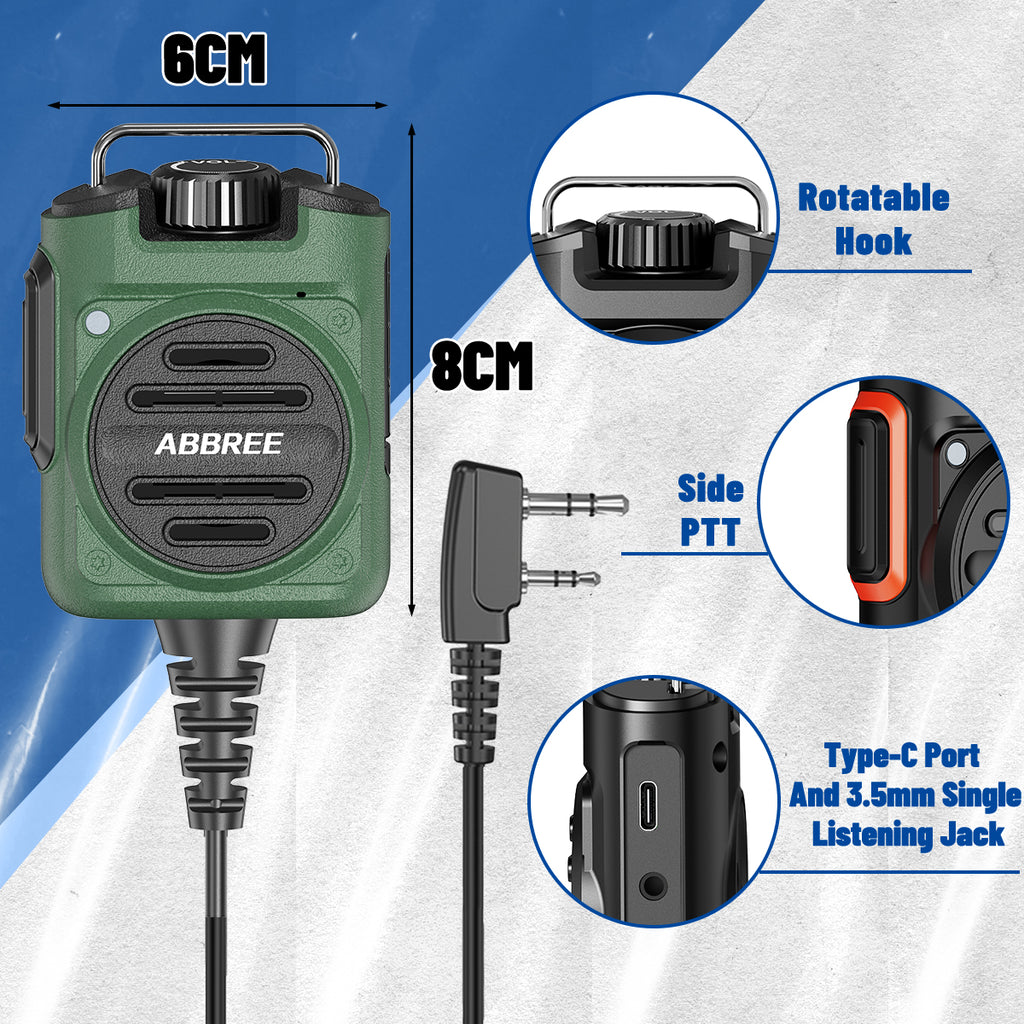 ABBREE AR-158 Rechargeable Walkie Talkie Microphone Speaker Volume Adjust Type-C Charging for Baofeng UV 5R MINI Quansheng UV K5